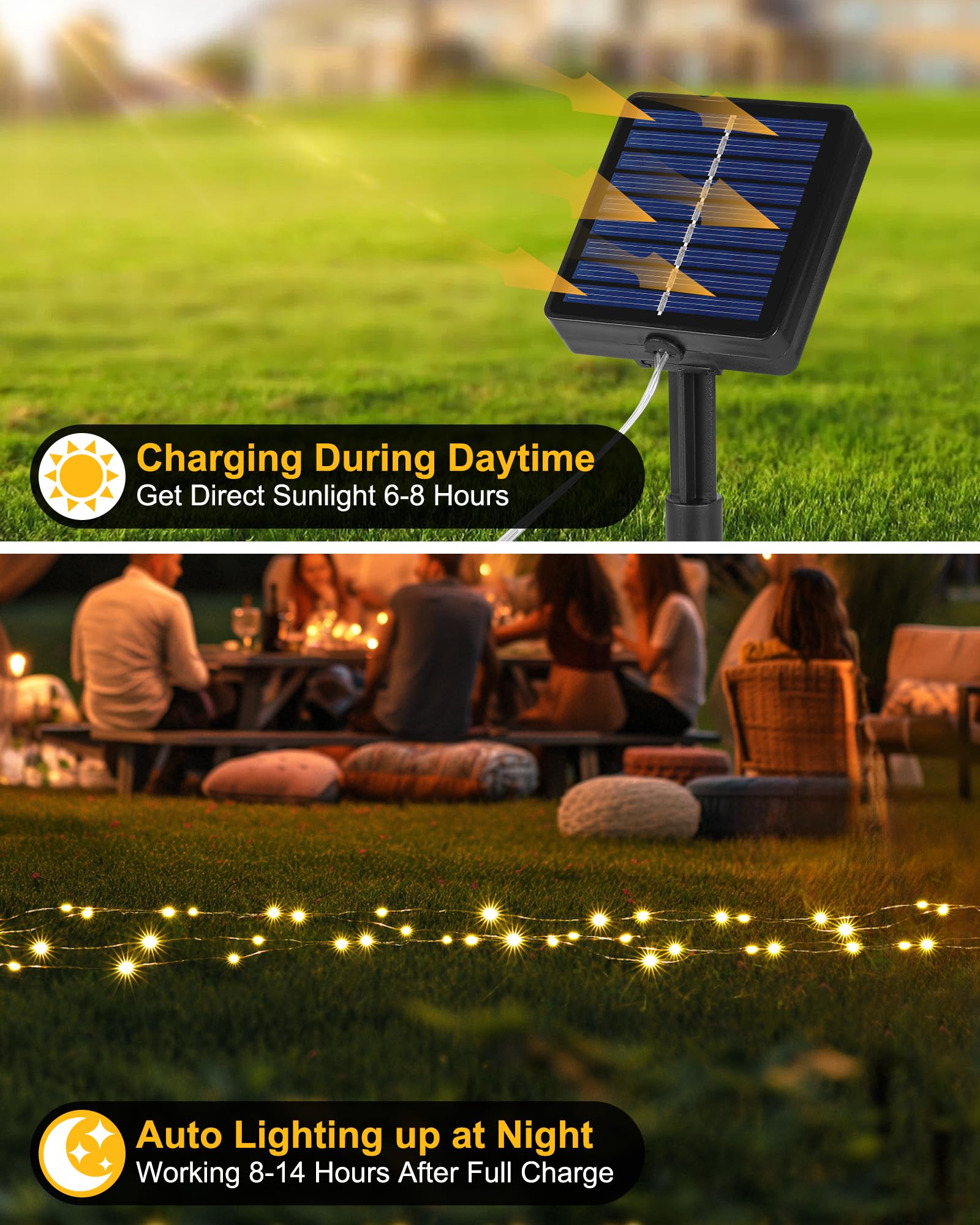 Tacobey 2 Pack Guirnaldas Luces Exterior Solar, Totalmente 20M 200 LED, 8 Modos, Temporizador, Luces de Cadena con Cables de Cobre para Terraza, Fiestas, Bodas, Jardines Decoracion (Blanco Cálido)