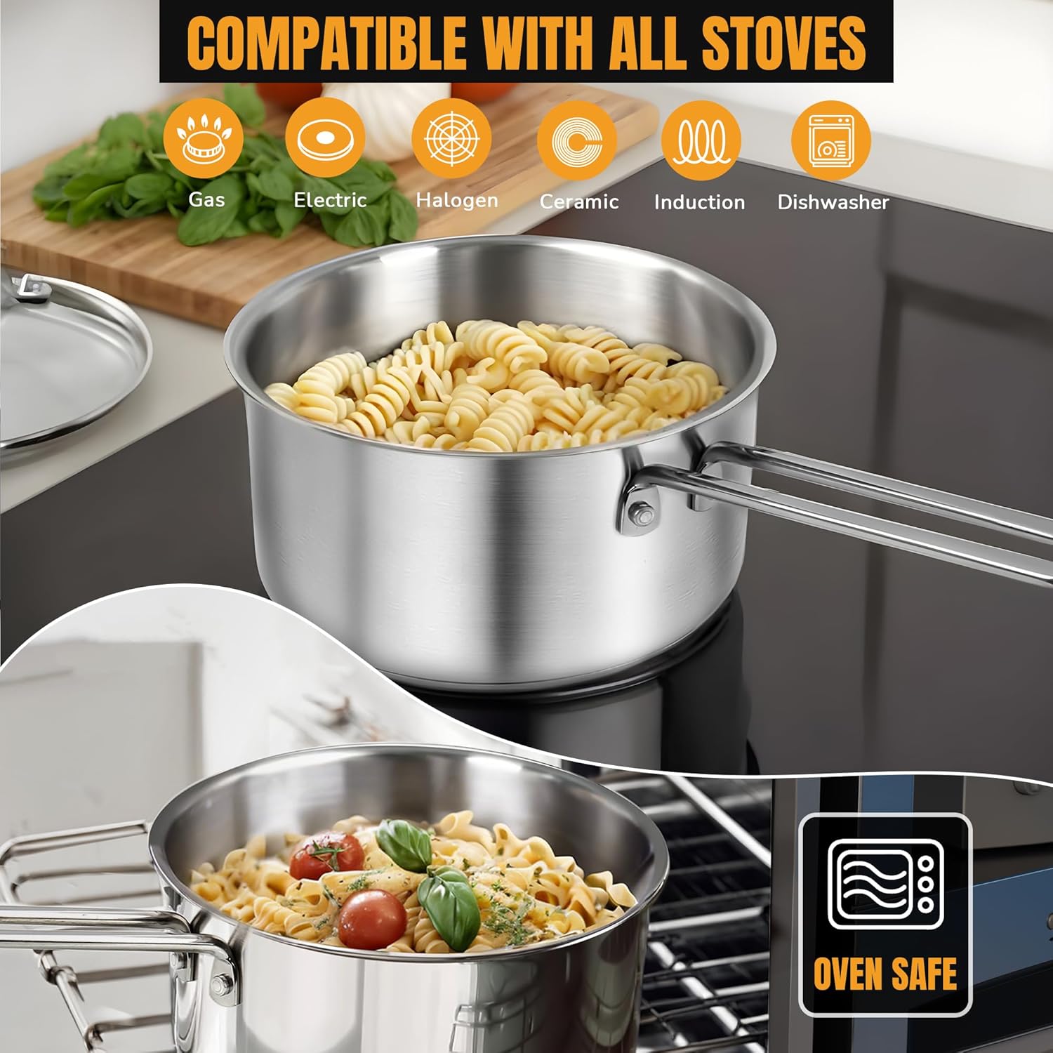 AuFranc® 2 Quart Tri-ply Stainless Steel Saucepan with Glass Lid, Induction Sauce Pan Compatible with All Cooktops, Non-Toxic Sauce Pot with Stay Cool Handle, Oven & Dishwasher Safe (Silver) - Image 5