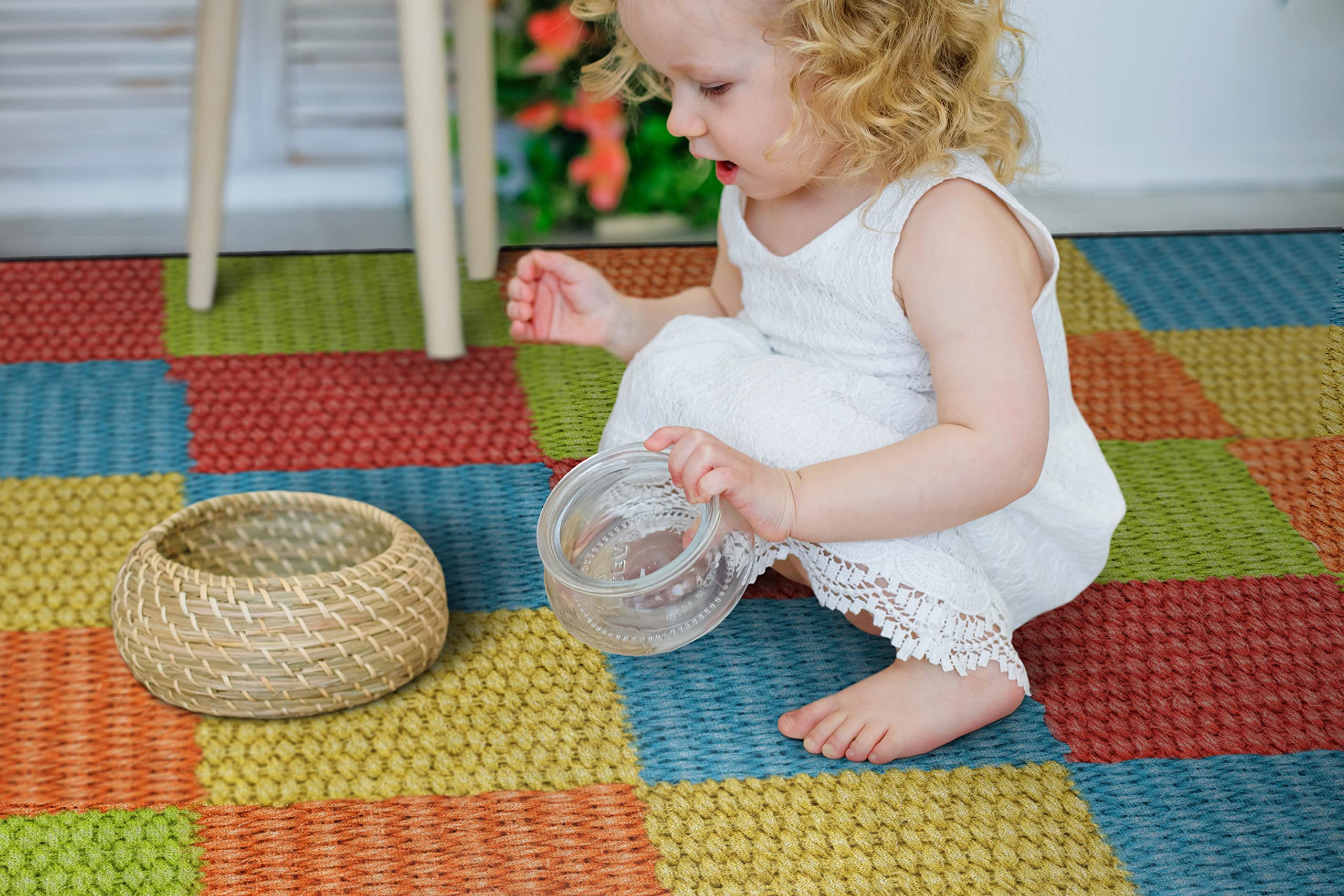 Flagship Carpets Basketweave Blocks Carpet Rug for Home or School Learning Area, Children's Classroom, Kid's Bedroom or Playroom, 7'6