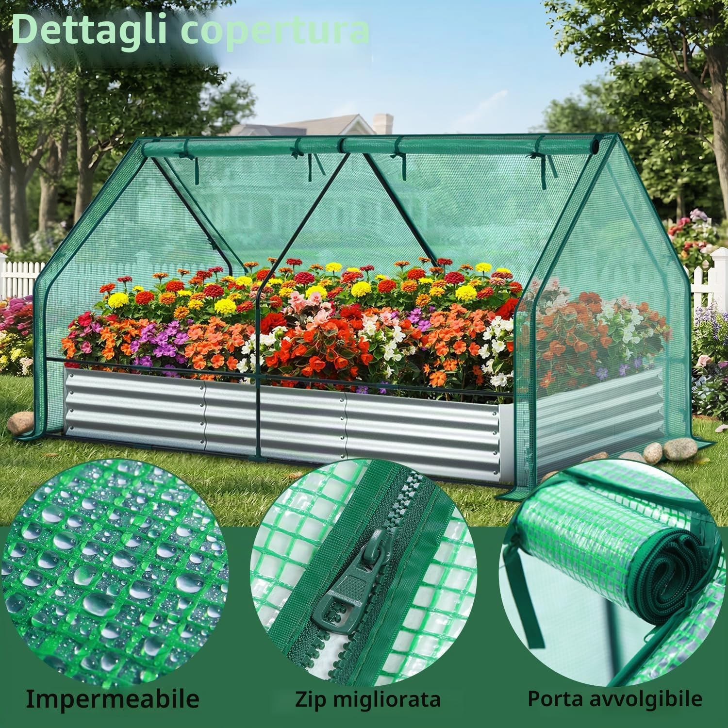 Aiuola Rialzata Metallica 3-in-1 con Serra 240x120x30 cm, Contenitore per Piante in Acciaio Zincato, Kit Serra con 4 Porte, Kit Aiuola per Giardino, Balcone, Coltivazione di Verdure ed Erbe Aromatiche