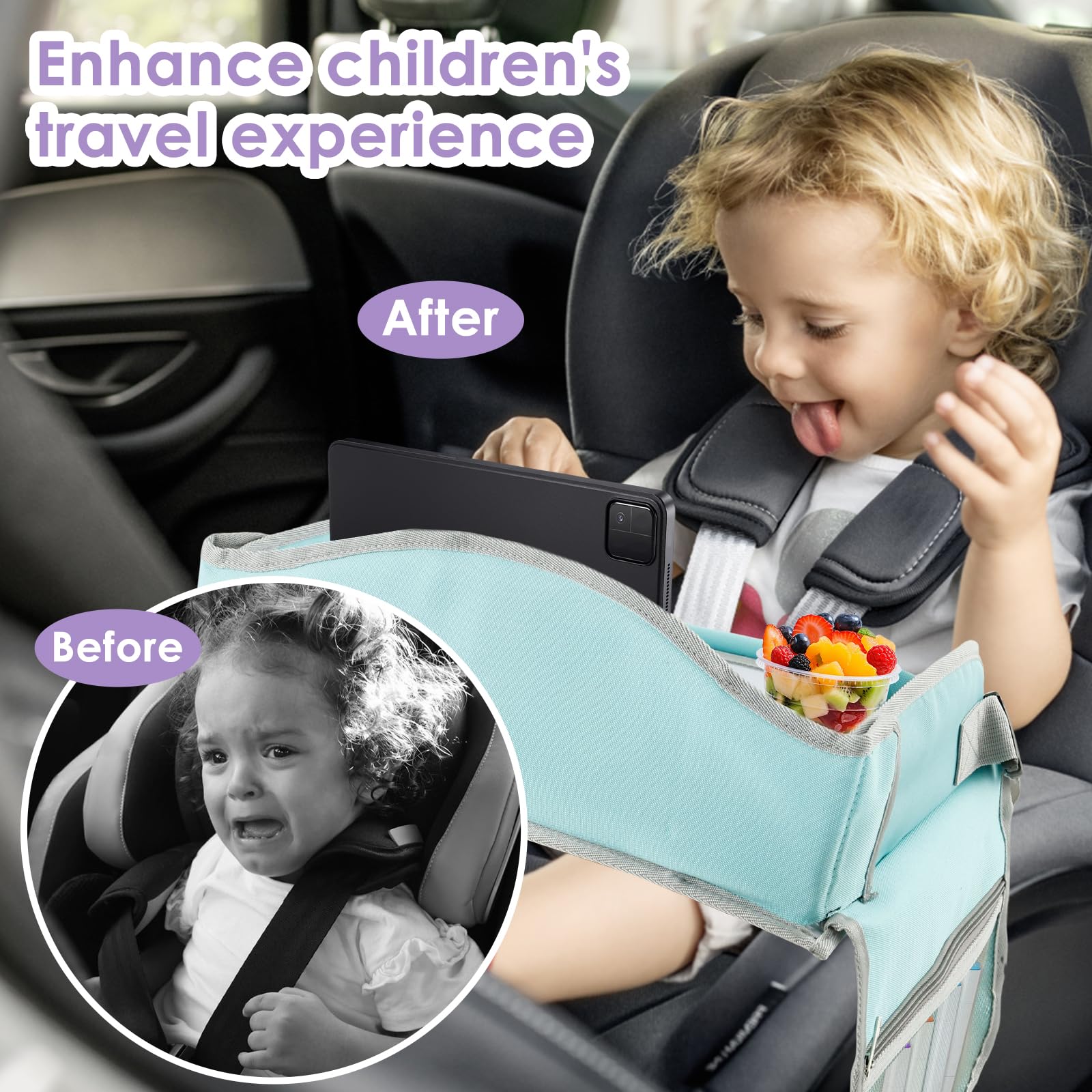 Tavolino da viaggio per bambini, seggiolino per auto, multifunzionale, regolabile, tavolino da gioco, tavolino da pranzo, tavolino per auto, aereo, parco (verde)