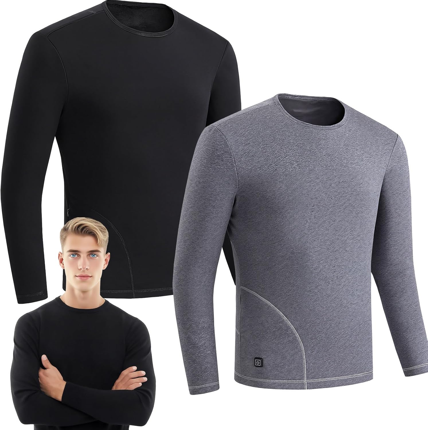 2 Pcs Heated Undershirt for Men Electric Heated Thermal Tops Clothing Long Sleeves Fleece Lined for Winter