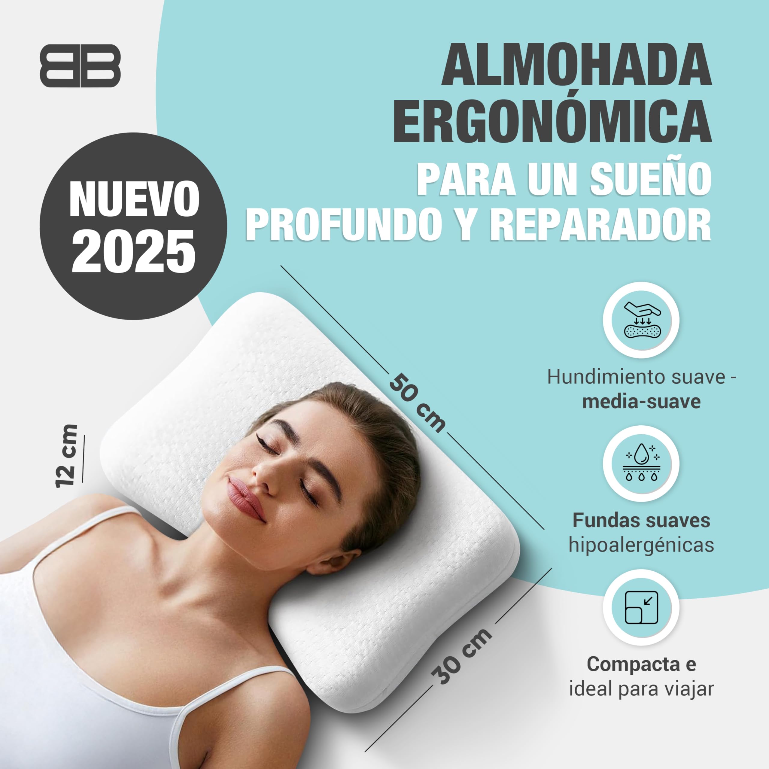 BACK BODYGUARD Almohada Cervical ergonómica con 2 Fundas, Almohada ortopédica, Almohada para Dormir de Espalda con Bolsa de Viaje (50 x 30 x 12 cm)
