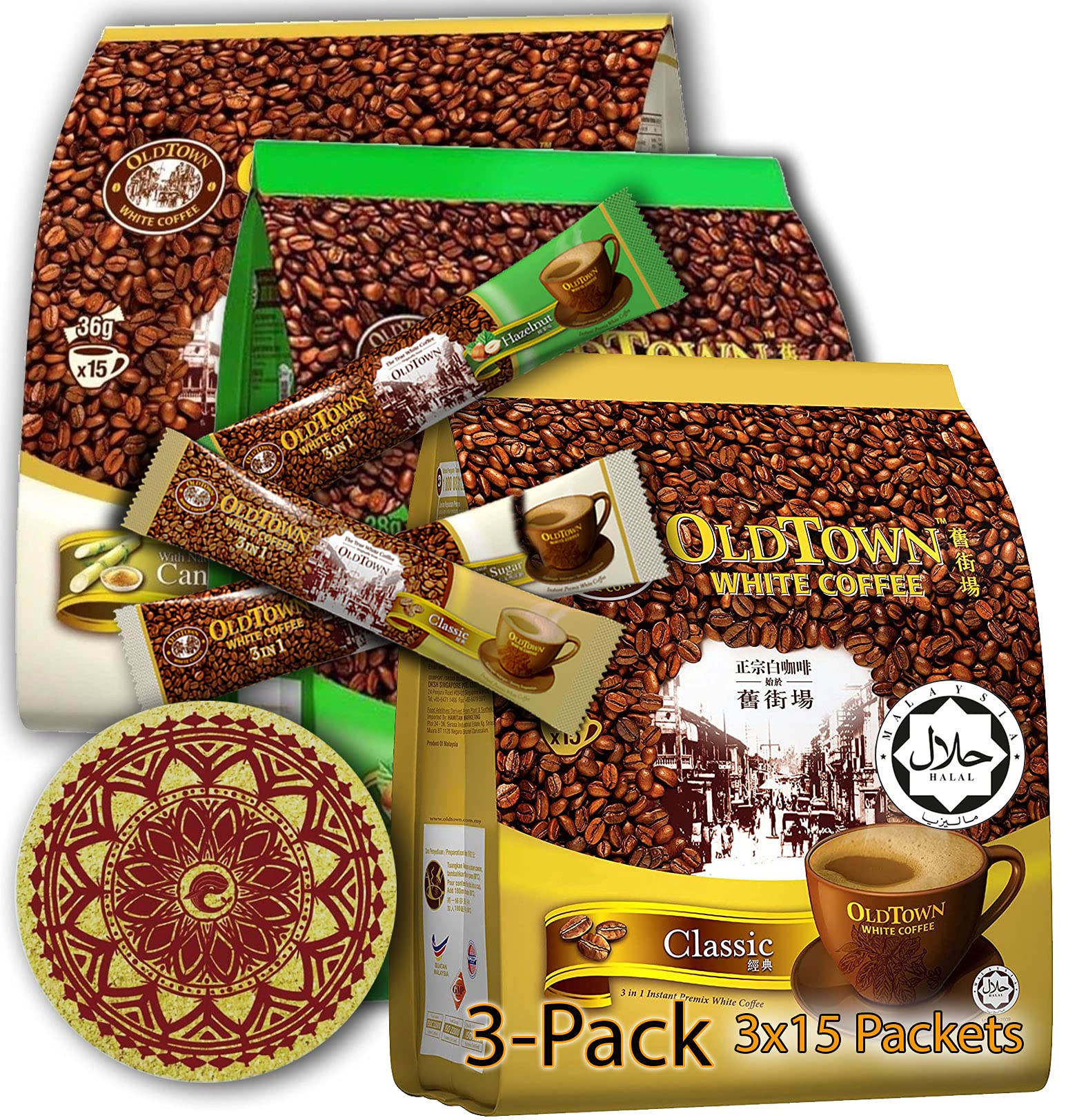 (3 Pack Mixed - Classic, Hazelnut, Sugar Cane) OLD TOWN (3 in 1) Coffee Asian Instant Coffee WHALEVE