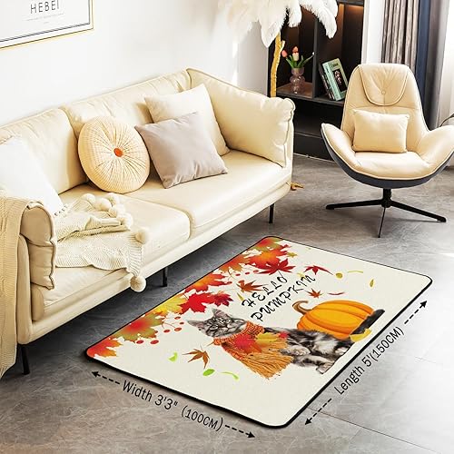 Miniatura 3 de Alfombra decorativa de otoño con diseño de calabaza y gato, alfombra de sala de estar, hojas de arce, para interiores, para niños, niños, niñas,