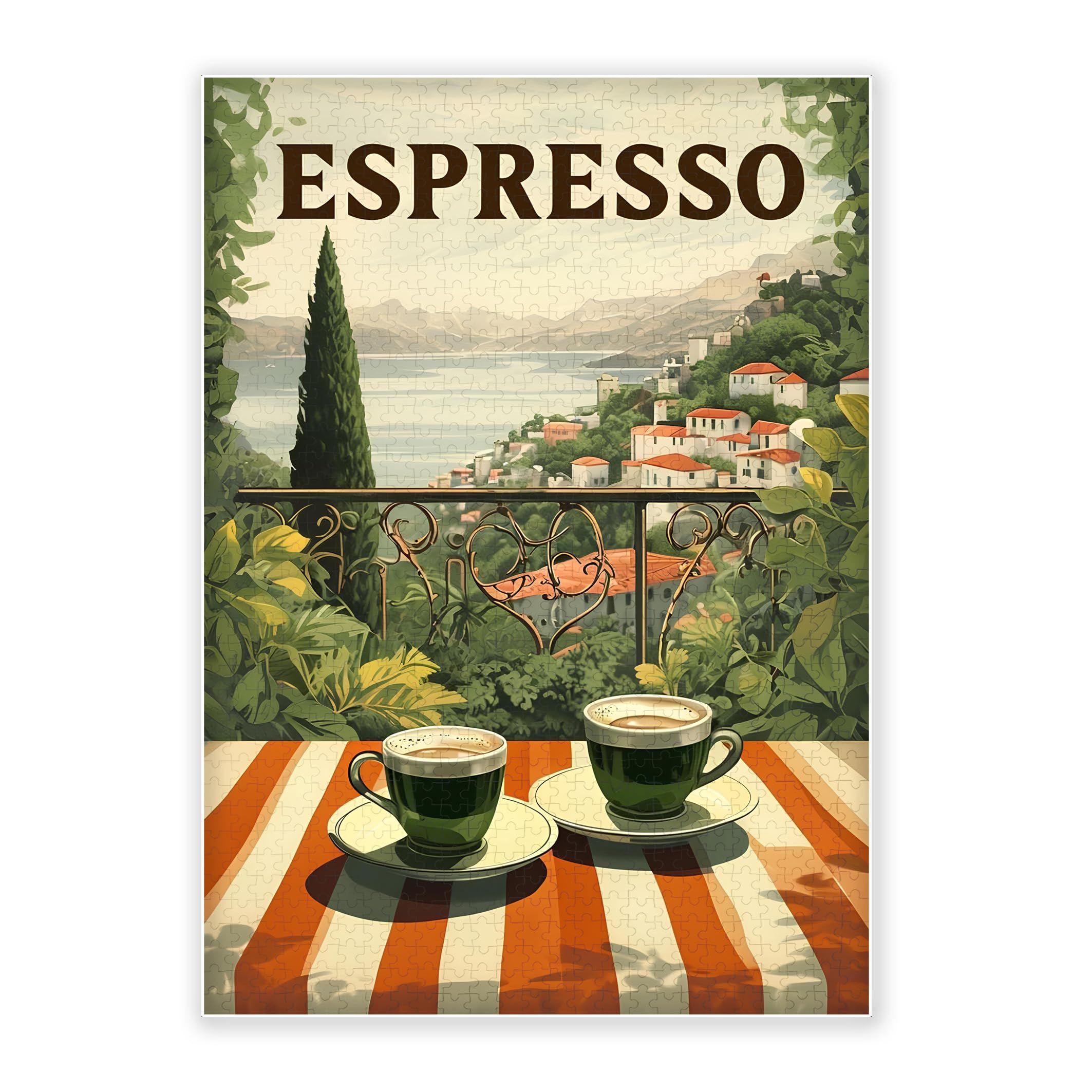 1000-Piece Adult Wood Jigsaw Puzzle, Italian Espresso Coffee Art Puzzle, Mediterranean Coastal Balcony Scene, High-Difficulty, Stress-Relieving, Home Decor, Eco-Friendly, 29.5x19.7in