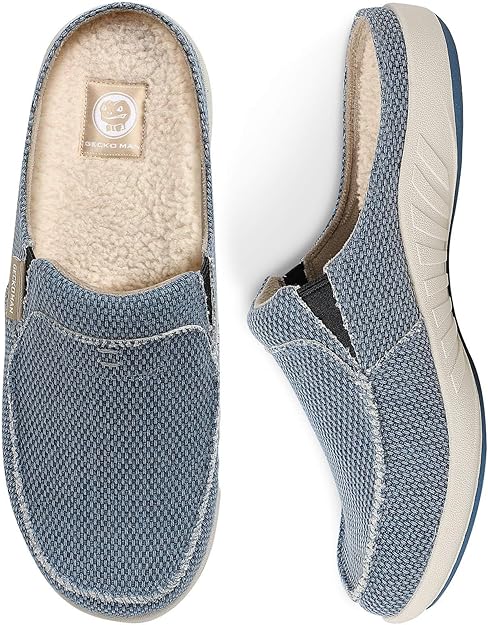 Blue textured men’s slippers with arch support and rubber sole
