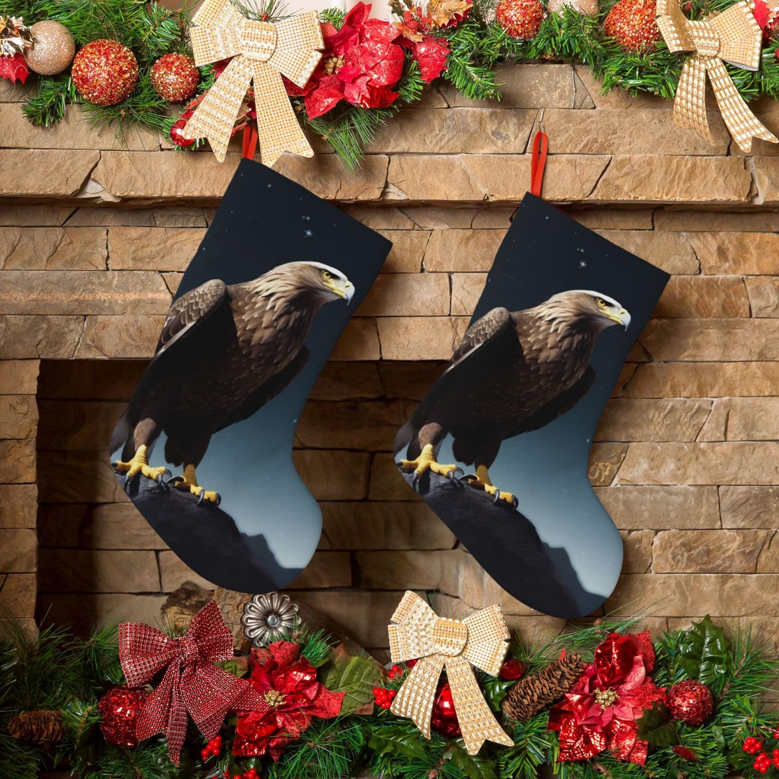 Eagle Under The Stars Christmas Stockings 18 Inches Velvet Xmas Fireplace Hanging Stocking Rustic Christmas Santa Stockings for Home Christmas Decorations Party Favor Supplies