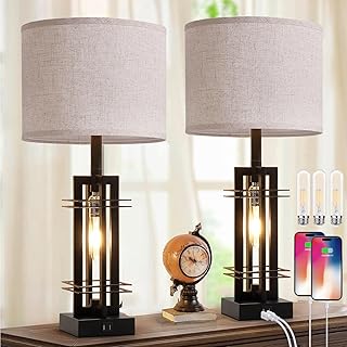 28" Farmhouse Table Lamps Set of 2, Tall Bedside Nightstand Lamps 2-Light with 2 USB Ports, Black Industrial Table Lamps for Bedroom Living Room Office End Table, Cream Fabric&Rotary Switch