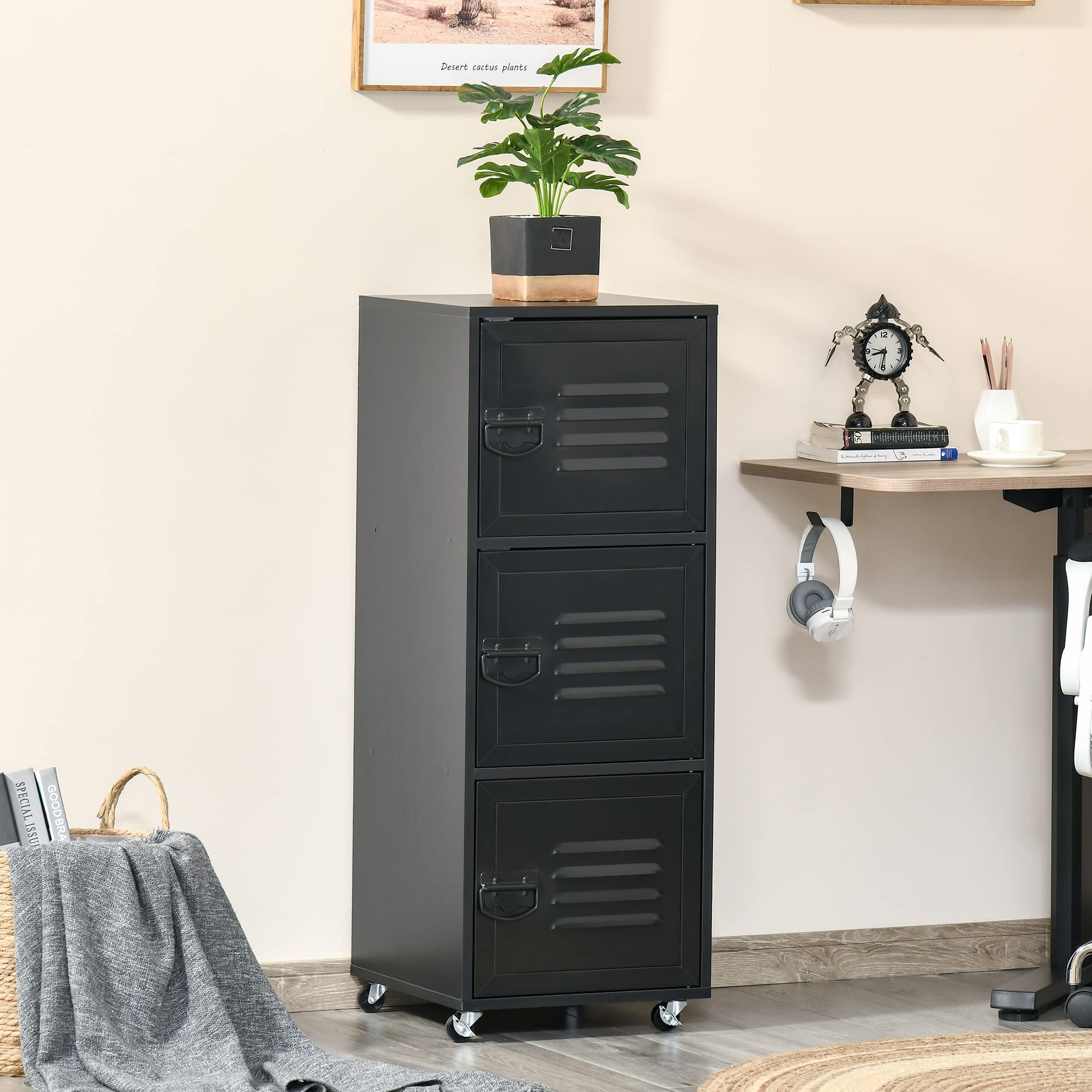HOMCOM Armoire de Rangement à roulettes à 3 Niveaux avec roulettes et Portes en métal pour Bureau à Domicile, Salon, Noir