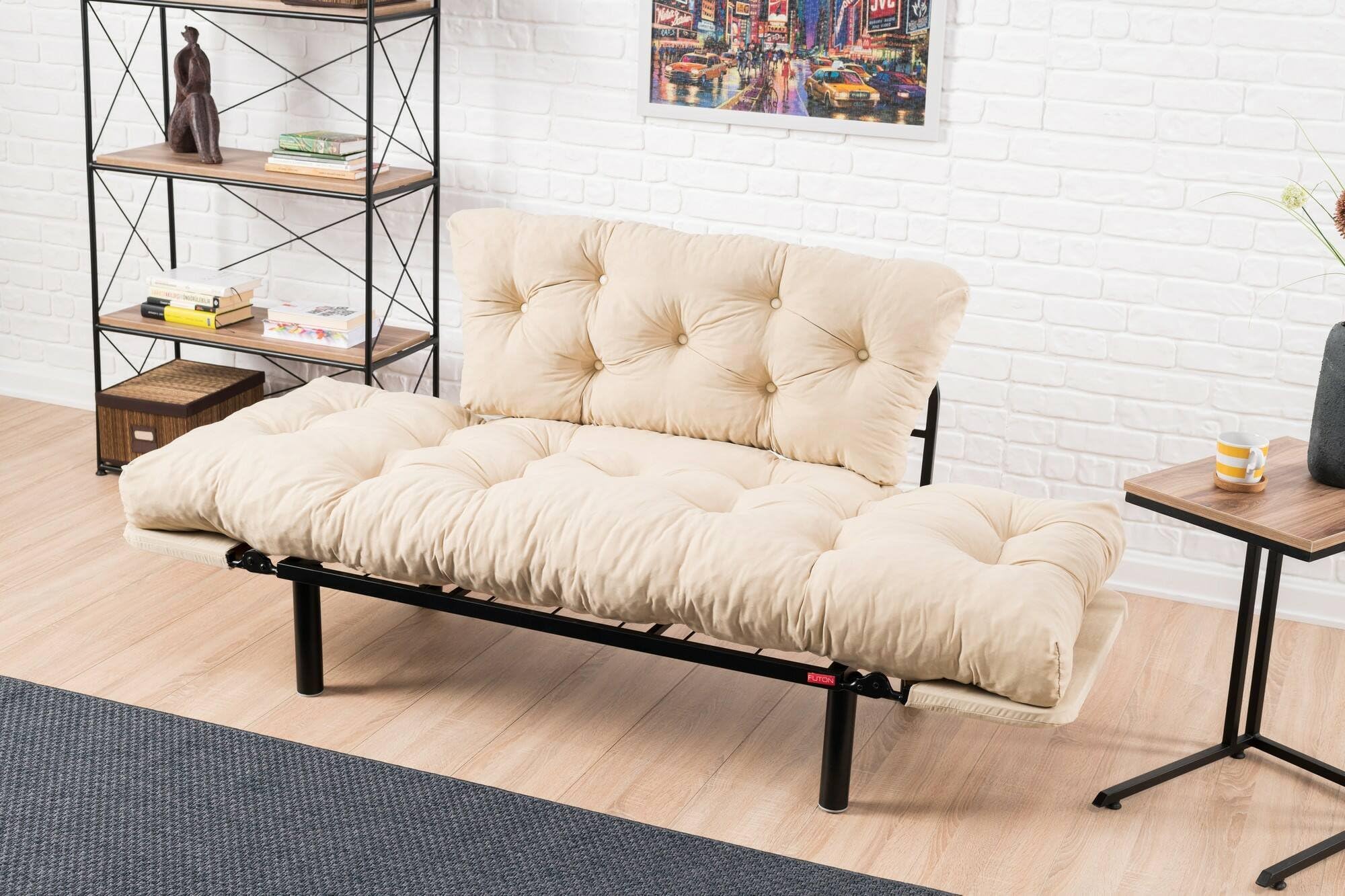 Dmora - 2-Sitzer SchlafsofaZeeusis, Verwandelbares Sofa, Lineare Stoffstruktur, Schlafsessel mit Stauraum, 155x70 h85 cm, Creme