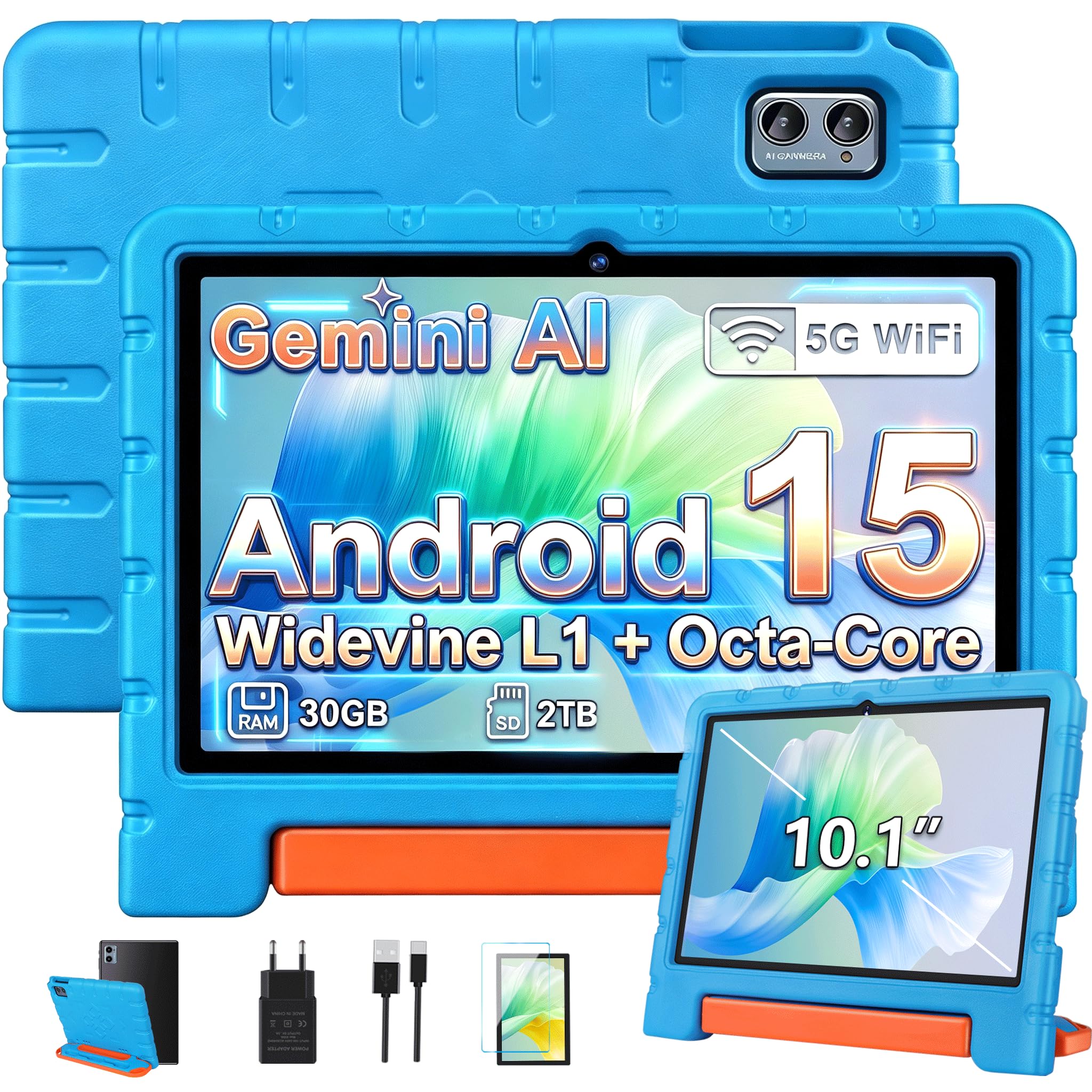 ZIOVO Tablette Enfants Android 15 Tablette 10 Pouces, 30Go RAM + 64Go ROM (TF 2To), Gemini AI, 5G WiFi/Octa-Core/Widevine L1/Face ID/Contrôle Parental/6000 mAh/BT 5.0, Tablette avec étui EVA - Bleu