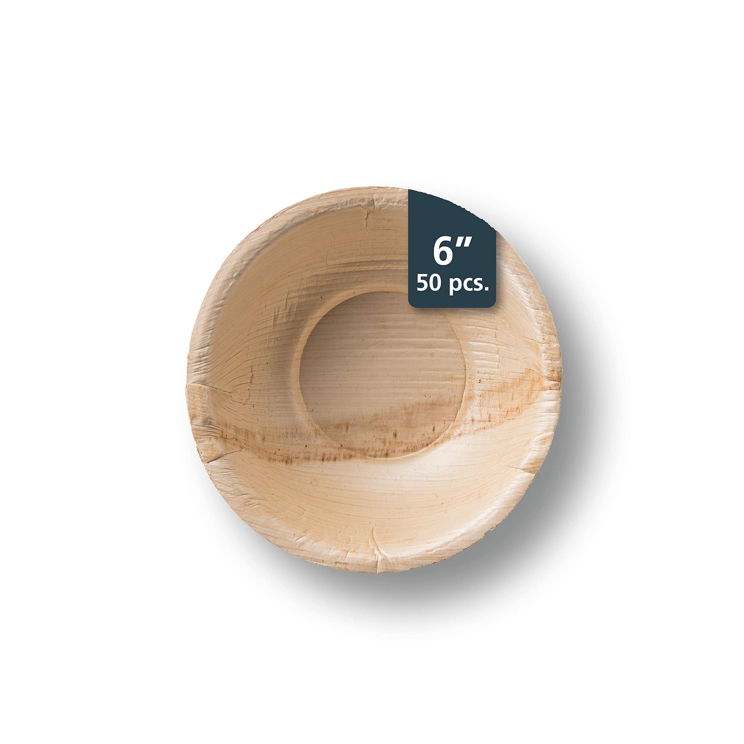 THE CLEAR CONSCIENCE TCC - Palm Leaf Cereal Bowls, 6" round, 50 pcs, 13.5 oz, Bamboo & Wood Style, Biodegradable, Single Use, Disposable, Usable for Hot Dishes