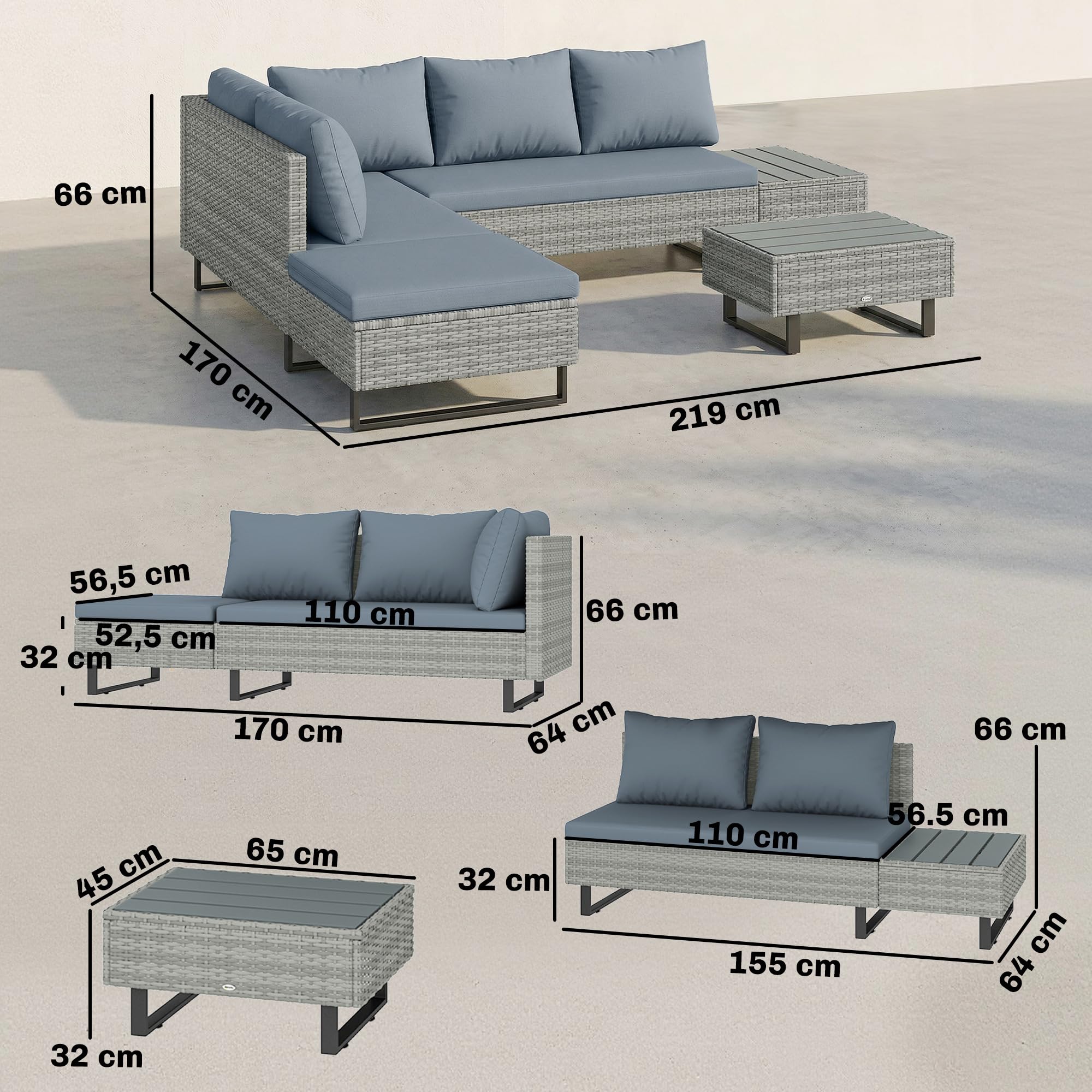 Outsunny Salon de Jardin d'angle 5 Places en Résine Tressée Canapé Extérieur Modulable avec Méridienne Ajustable Ensemble Mobilier de Terrasse avec Table Composite Gris