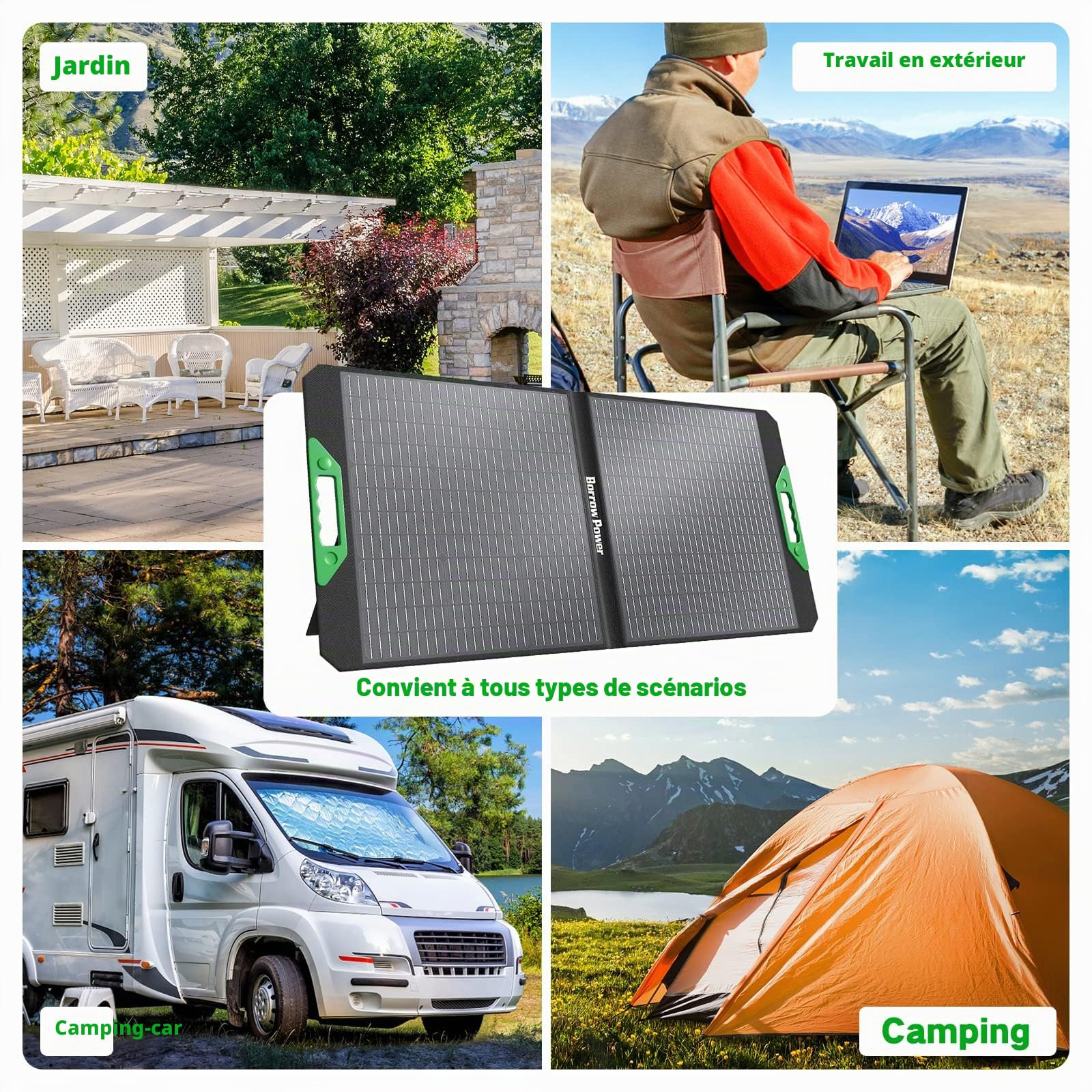 Ensemble de Panneaux Solaires Borrow Power 100W, Chargeur Pliable Portable 18V avec MC4, 2 USB + DC, Taux de Conversion Élevé pour Maison, Camping-Car, Camping, Batterie Externe