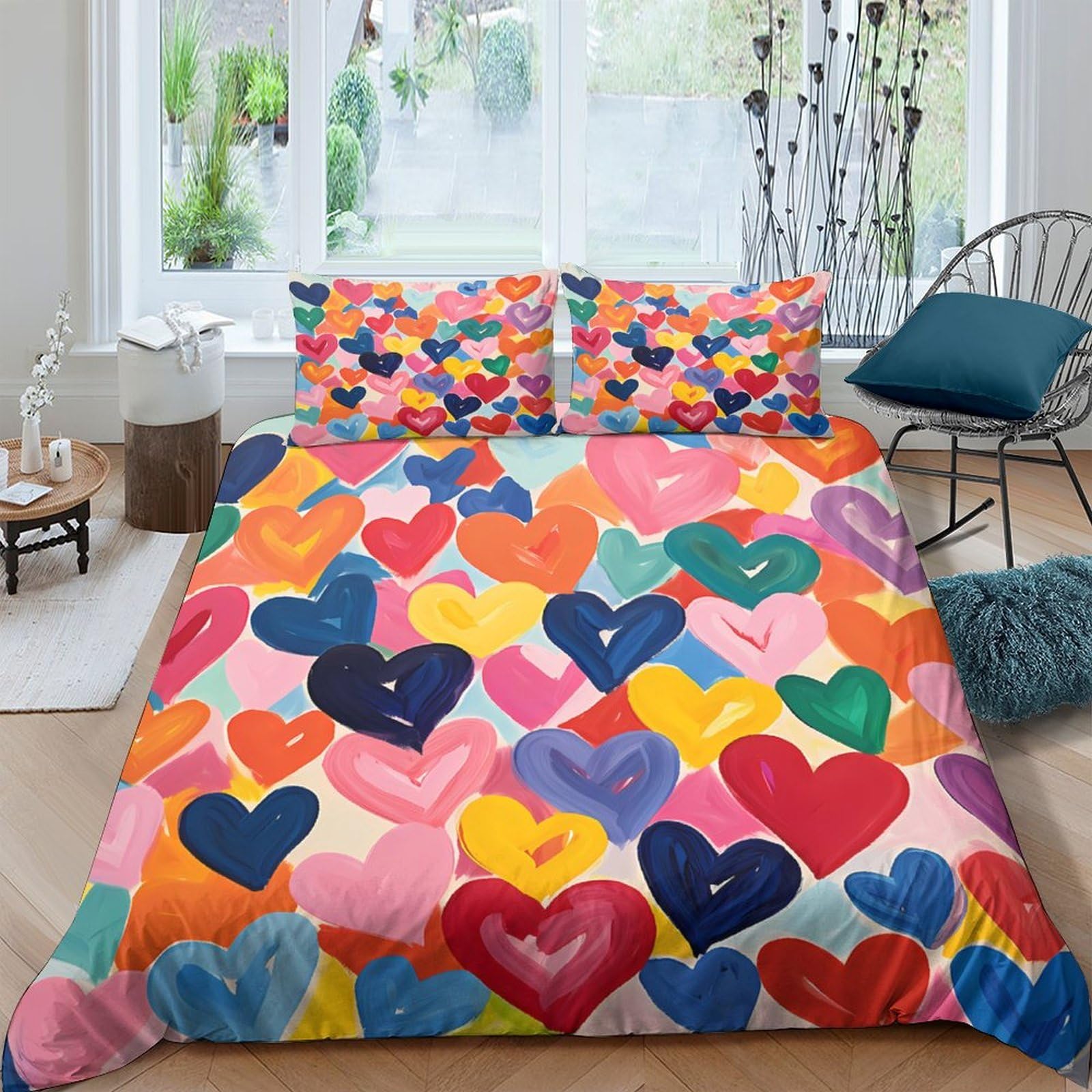 Ctjqhvkz Style-9 3D Printed Colorful Heart Fitted Sheet Microfiber Soft Bedroom Decor Rainbow Heart Mattress Cover Anti-Slip Machine Washable For Home Guest Room Single（135X200cm）