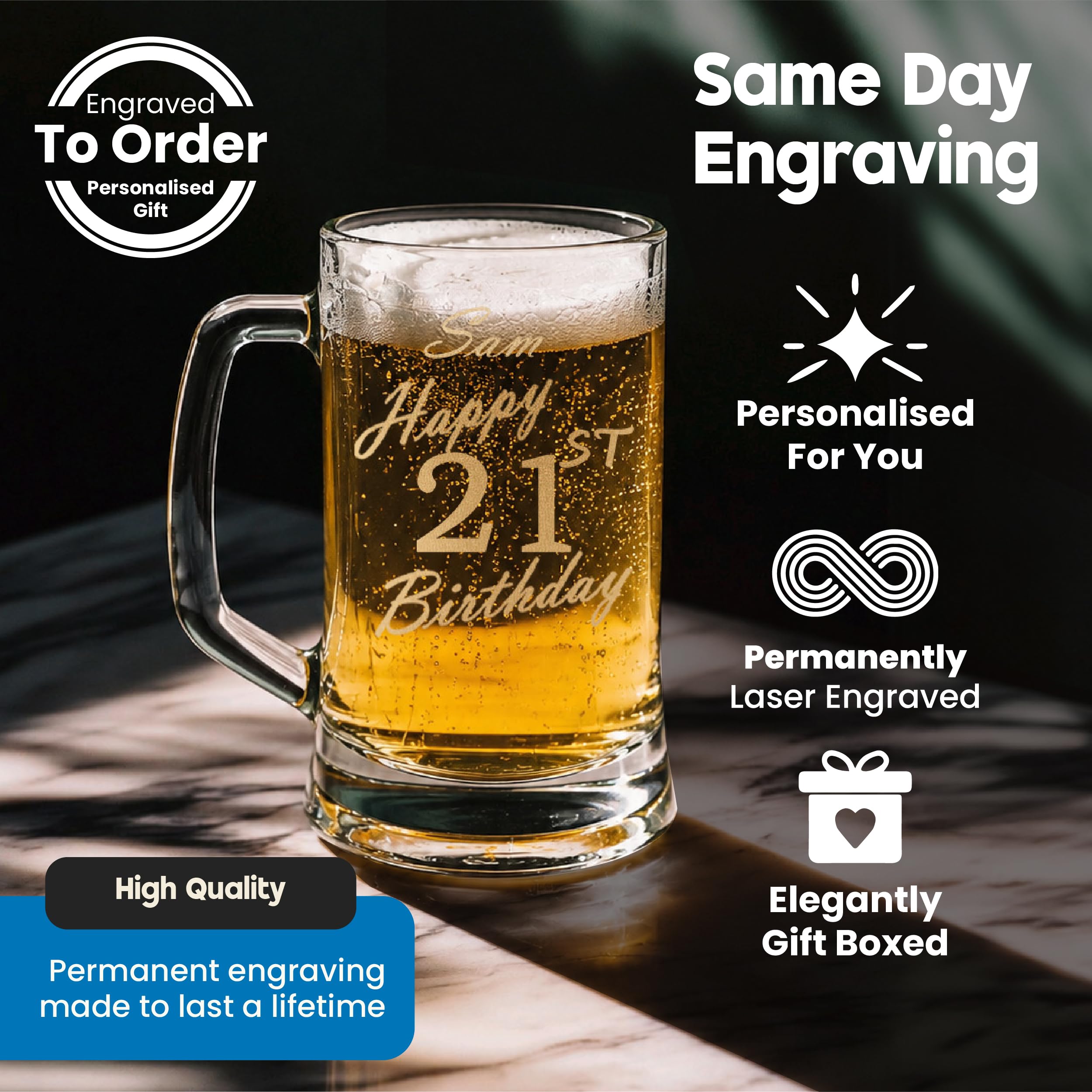 Chope à bière gravée personnalisée avec inscription « Stein Happy 21st Birthday » dans une boîte cadeau