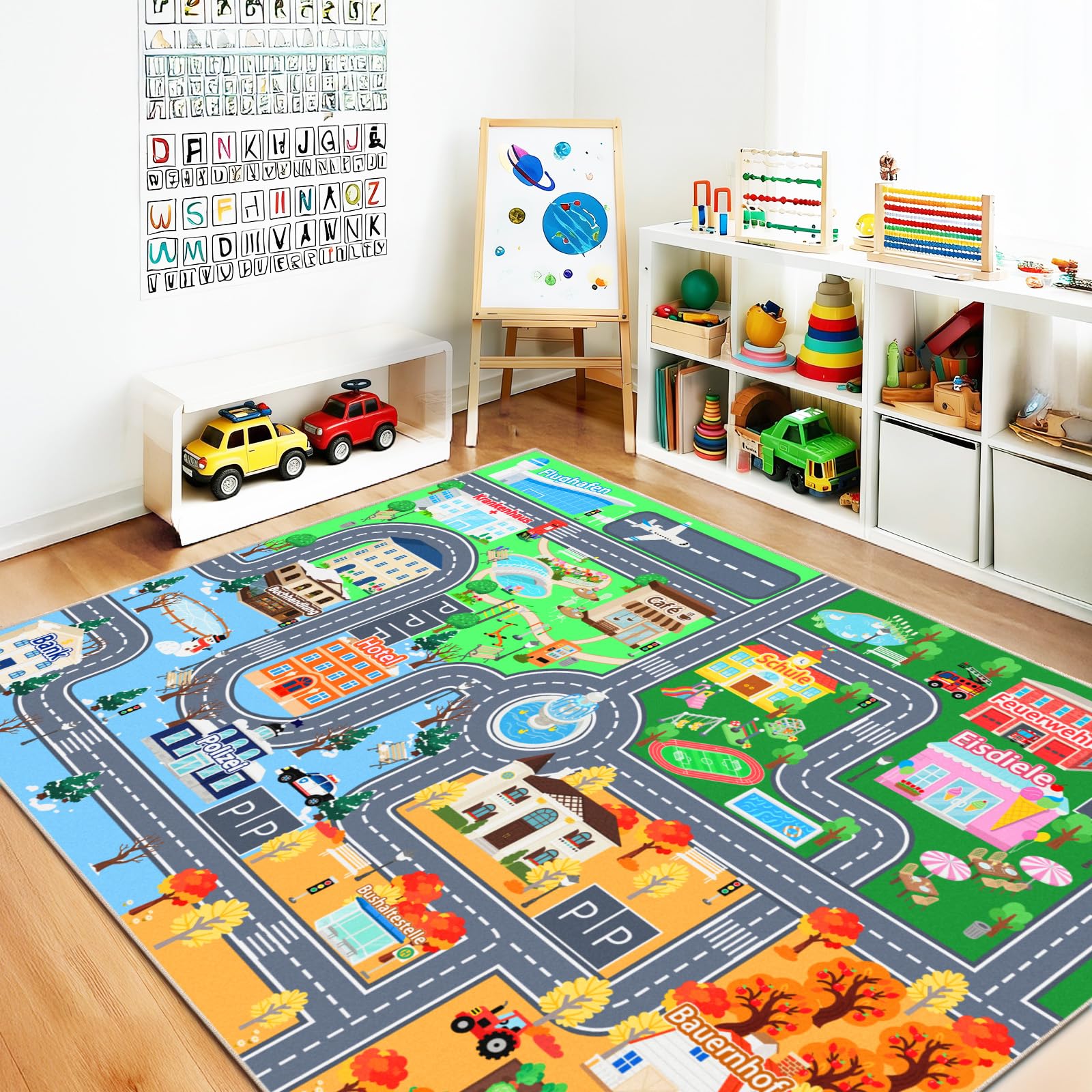 Kinder Autoteppich für Spielzimmer 120 x 160 cm, Waschbare Spielmatte | Straßenteppich Kinder, Rutschfester Kurzflor Teppich für Kinderzimmer, Spielteppich für Jungen und Mädchen