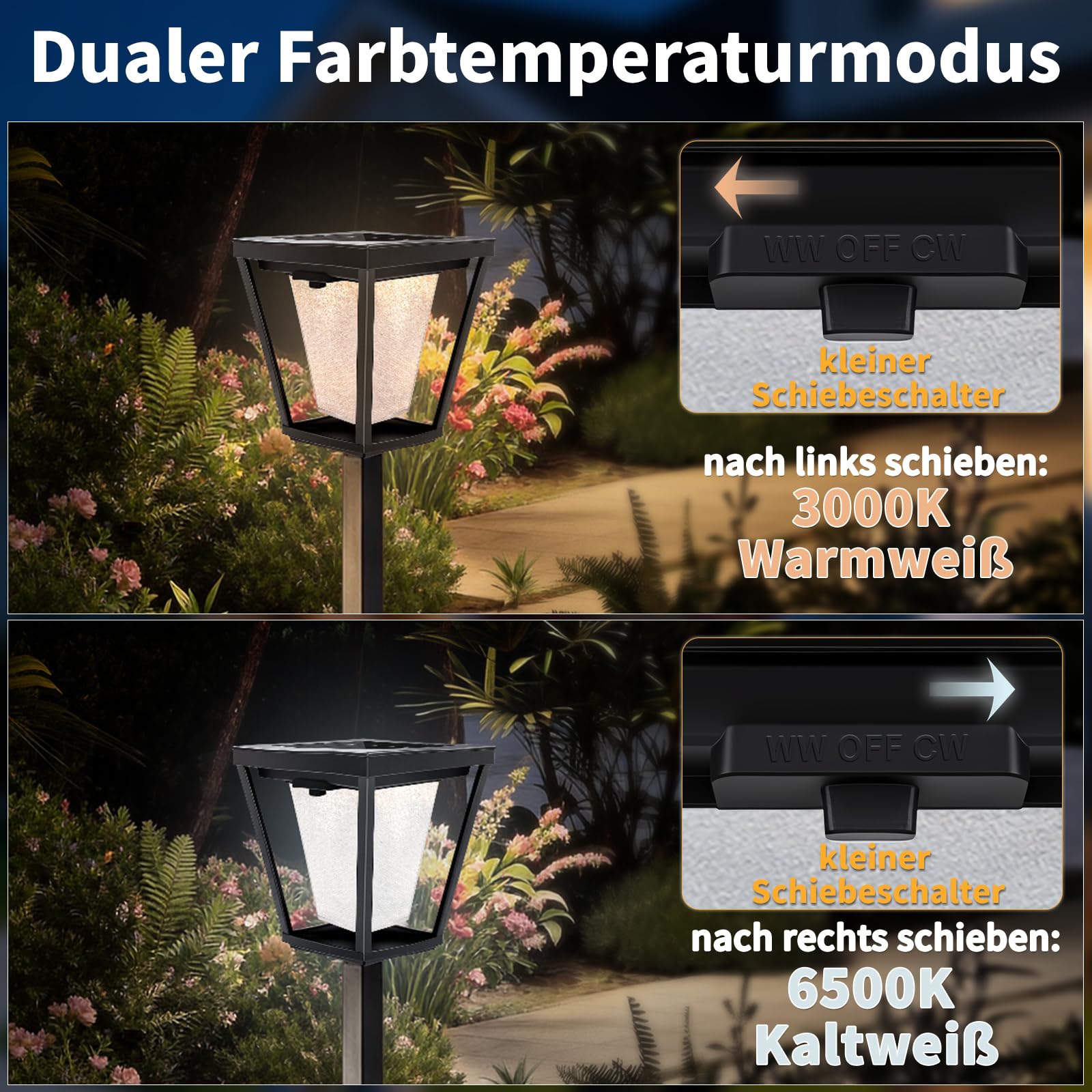 BRIMAX 4er Solarleuchten Außen Erdspieß 3000K/6000K | IP65 wasserdicht, Auto Ein/Aus, Gartenleuchte für Gartenweg Terrasse Rasen
