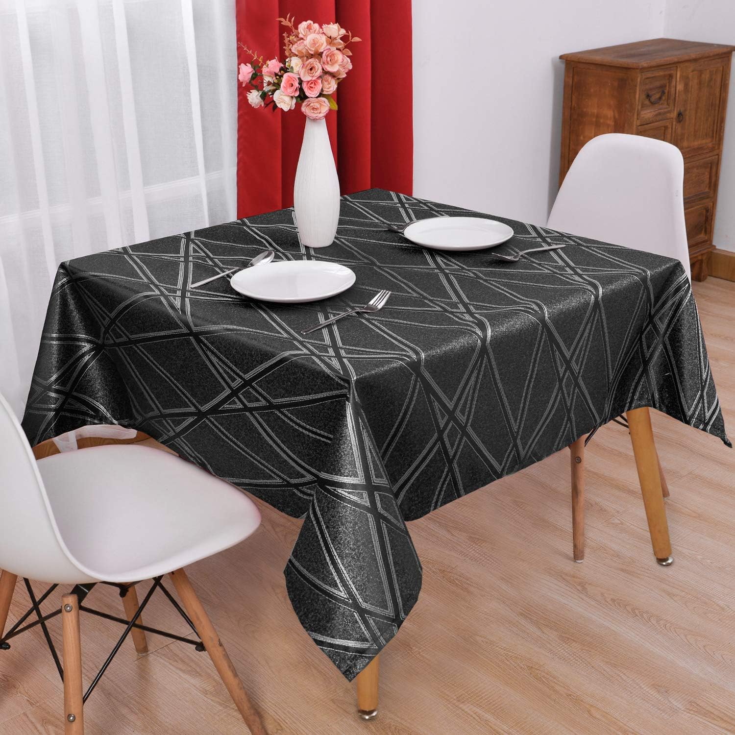 Hiasan Square Tablecloth with Silver Lines Wrinkle Resistant Waterproof Washable Jacquard Table Cloth for Dining Room Kitchen Party, Black, 54 x 54 Inch