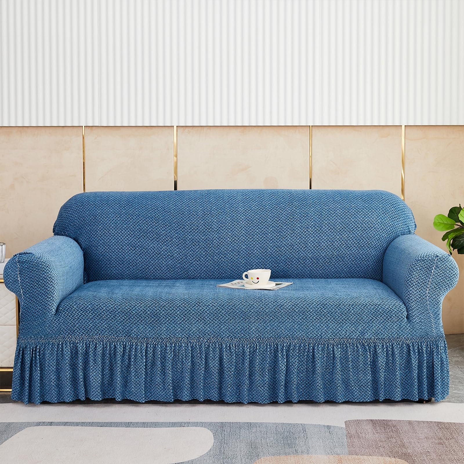 Housse de canapé extensible en chenille avec jupe | Élastique 1 place
