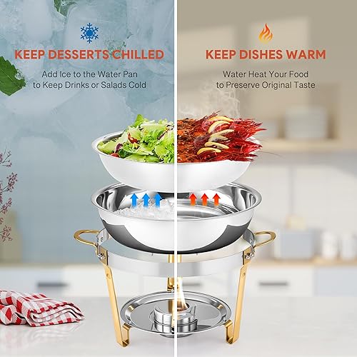 Miniatura 4 de WILPREP Recipientes Calentadores para Bufé, Paquete de 4 Juego de Recipientes Calentadores Redondos de 5 Cuartos de Galón con Marcos Plegables y 5