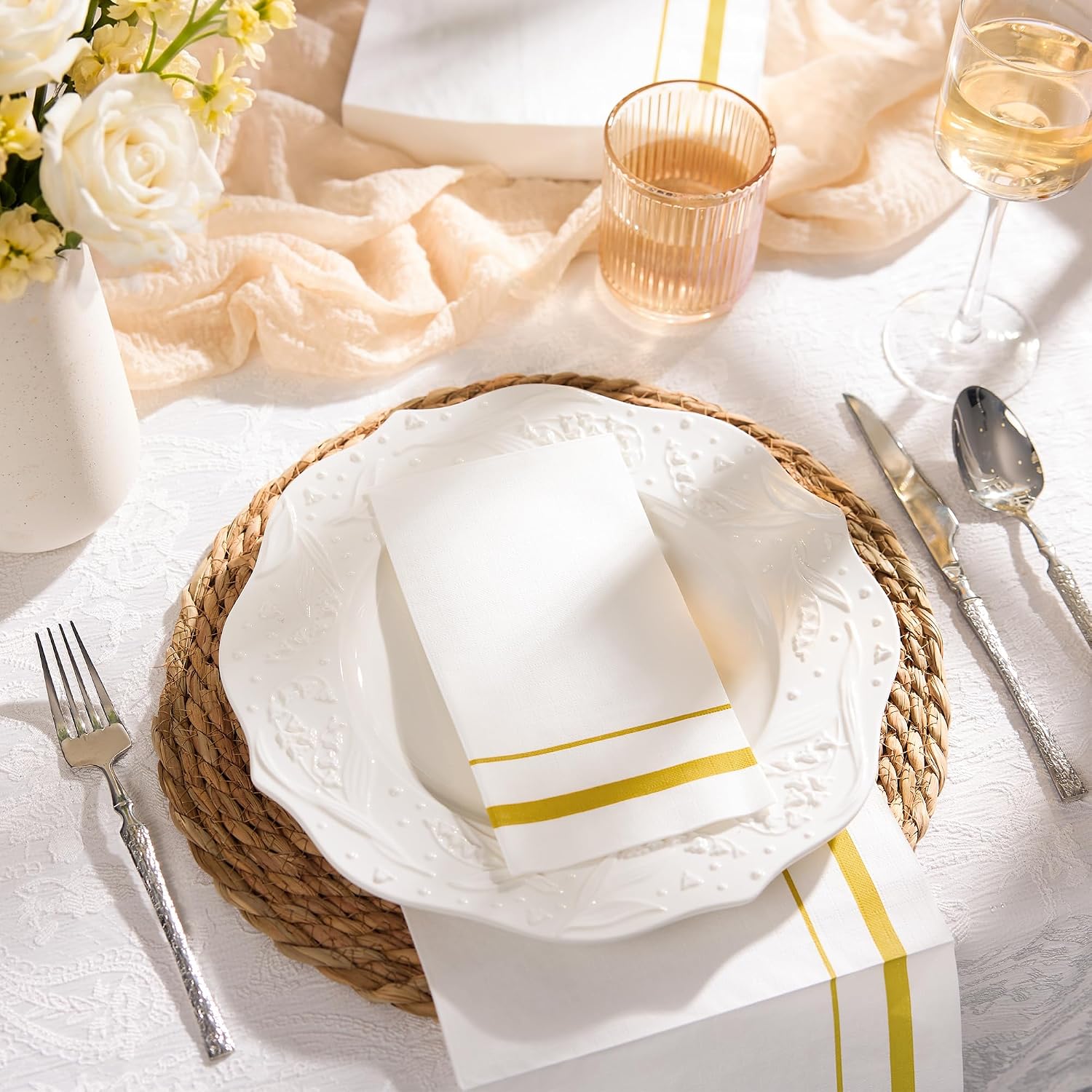 BESTVIP 200 Pack Disposable Paper Napkins, White & Gold Trim Dinner Napkins image 3