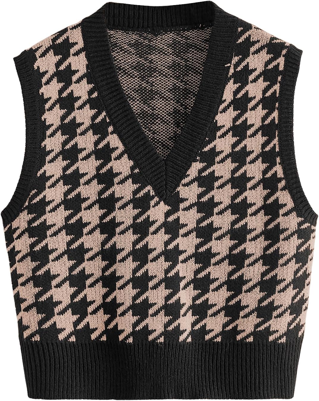 SweatyRocks Women's Sleeveless V Neck Knit Sweater Vest Houndstooth Crop Tank Top