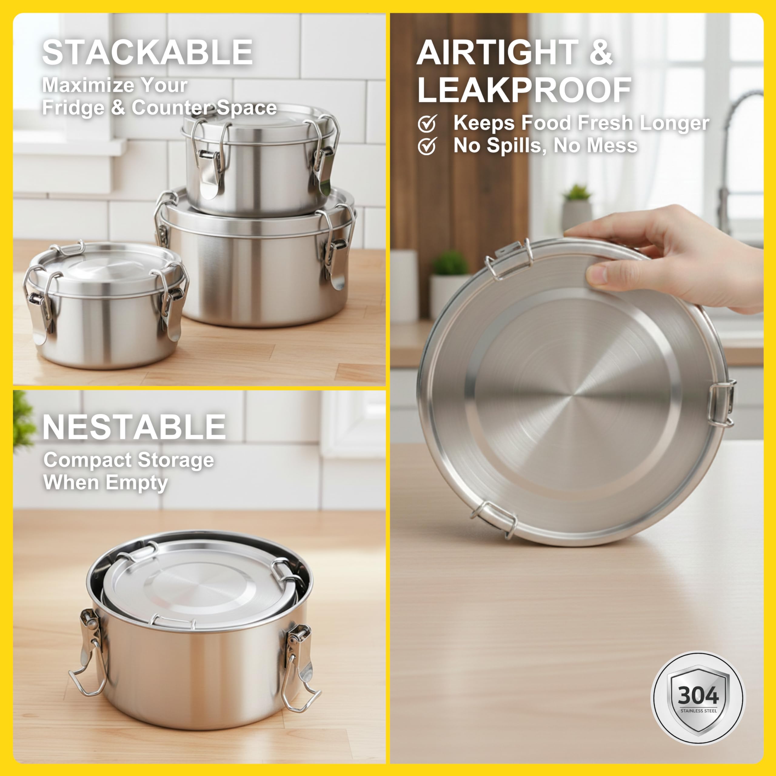 AVARO 3 Stück Edelstahl Behälter mit Deckel - Auslaufsichere 304 Edelstahl Frischhaltedosen mit Clips, BPA-freie Metall Lunchbox Spülmaschinenfest Stapelbar Meal Prep Container