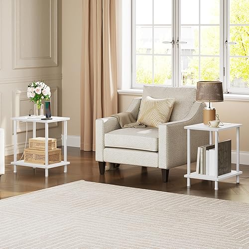 Miniatura 2 de HOOBRO Mesa auxiliar con estación de carga, juego de 2 mesas auxiliares con puerto USB y tomas, mesita de noche con estantes de almacenamiento de 2