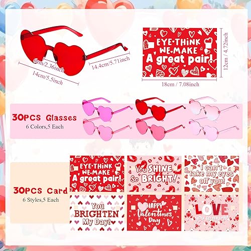 Vista 9 de Kathfly Paquete de 30 lentes en forma de corazón para niños con tarjetas del día de San Valentín, regalos de fiesta de San Valentín a granel