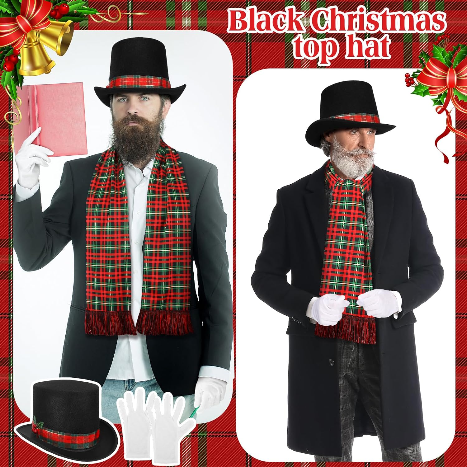 Shihanee 3 Pcs Classic Carol Costume Man Christmas Top Hat with Plaid Band Holly and Jingle Berries Bells Ugly Sweater Party Hats for Classic Costume for Adults Top Hat Snowman Tree Topper