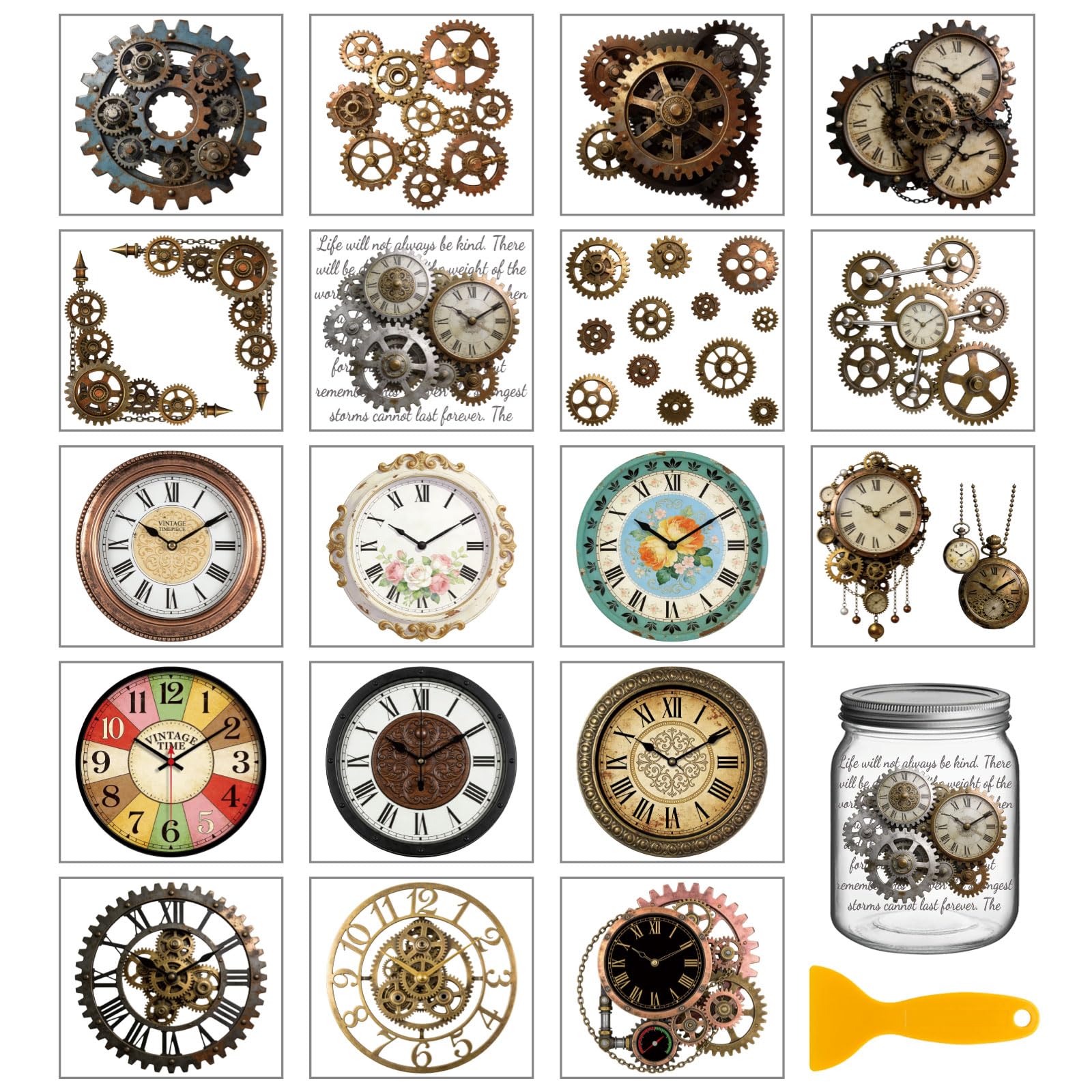 GLOBLELAND 18 Sheets Vintage Gear Clock Transfer Sticker for Cup Crafts 3.9x3.6 inch Gear Corner Decal Stickers Retro Clocks Rub on Transfers for Bottle Vase Glass Furniture Decor
