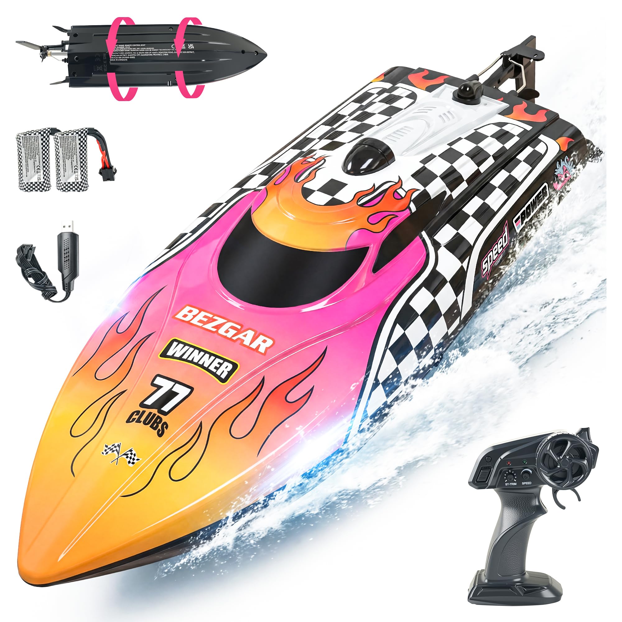 BEZGAR RC Boats - Remote Control Boat for Kids and Adults, 2.4GHz LED Light Boats with 700mAh Rechargeable Battery, Fast Racing RC Boat for Lakes & Pools, Toy for Birthday - TX136