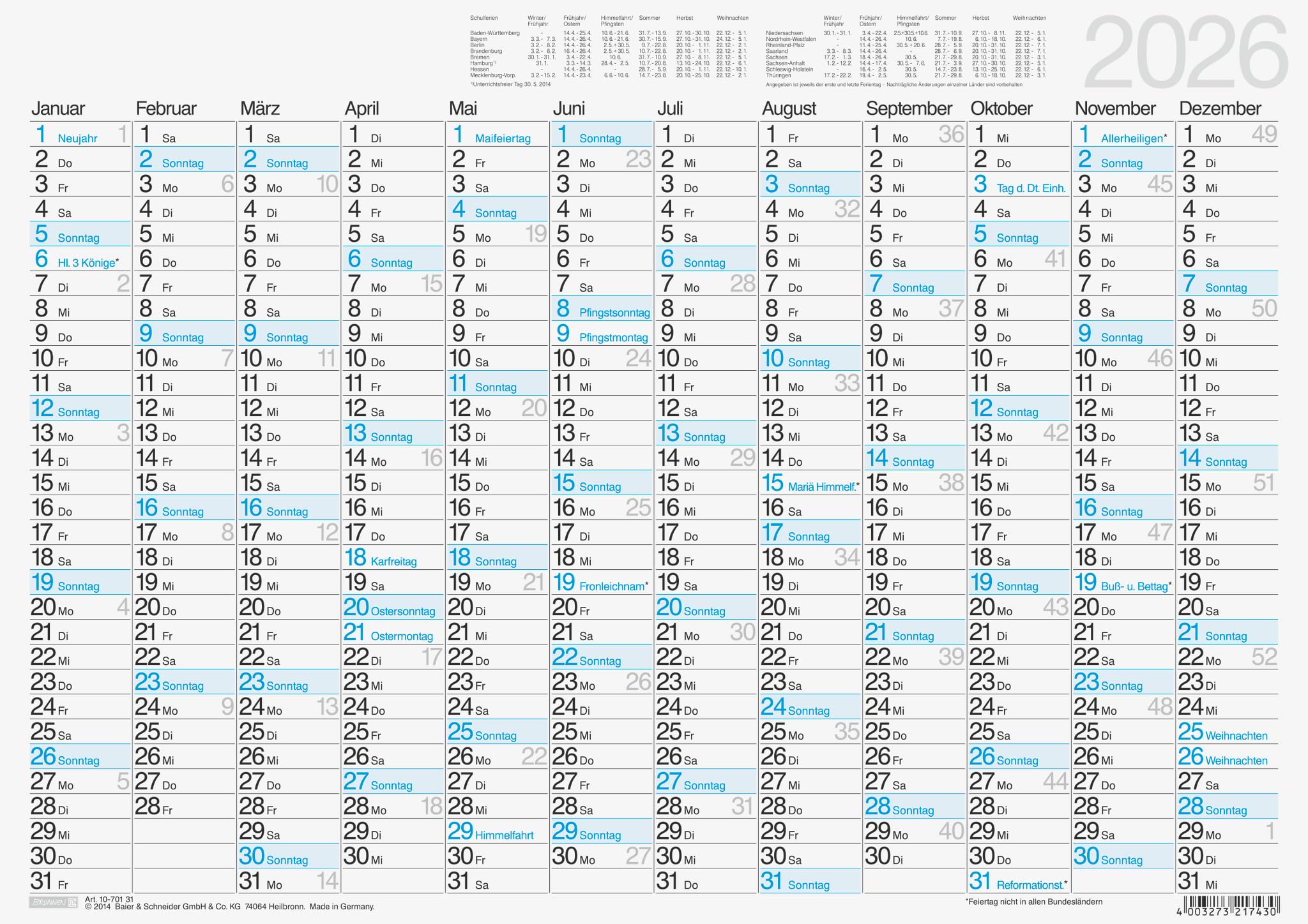BRUNNEN Blackboard Calendar 2026 | A3 Landscape