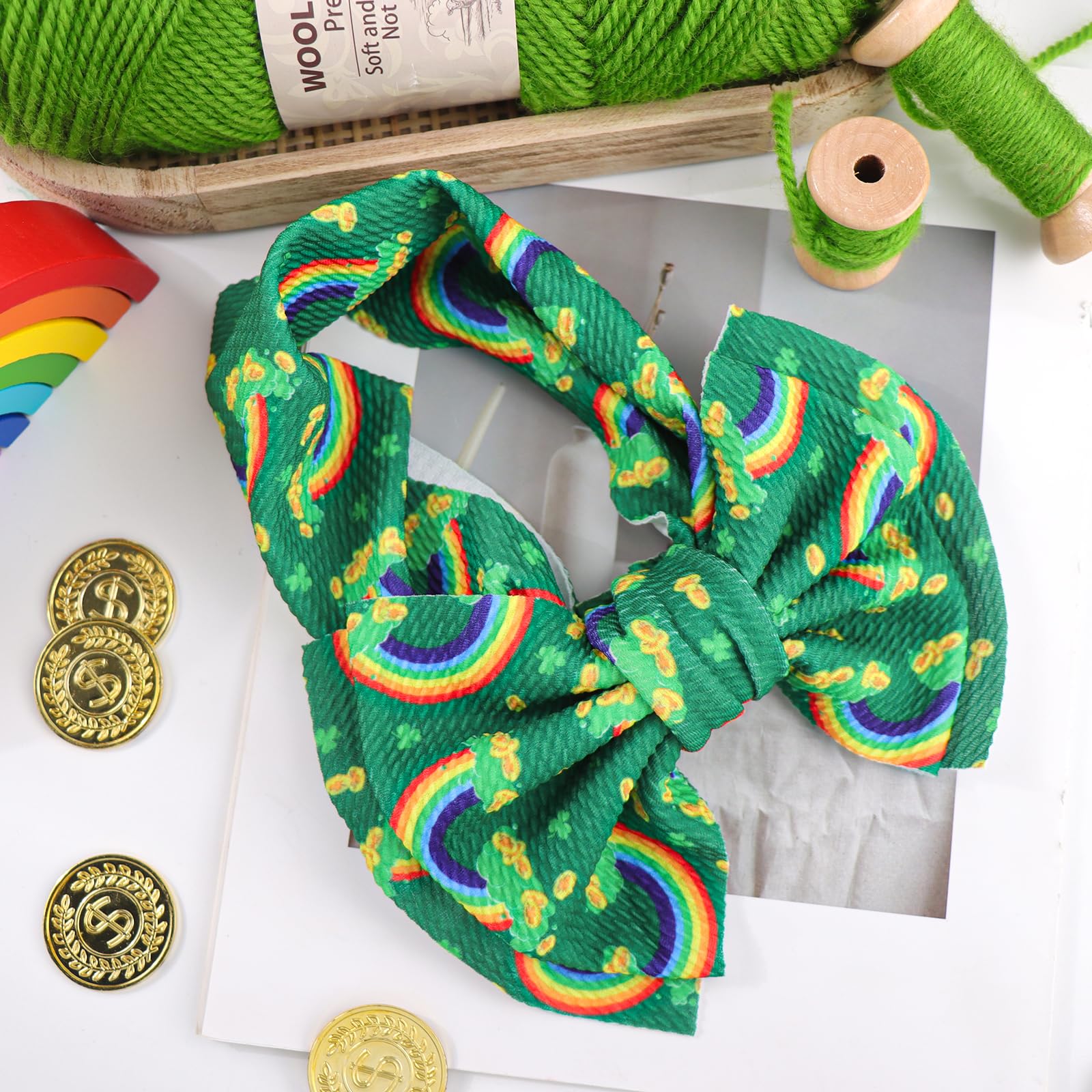 Diademas de Navidad de 17,78 cm con lazos de trébol verde arco iris, diadema de nailon suave con lazos para bebés recién nacidos, accesorios para el cabello del día de San Patricio
