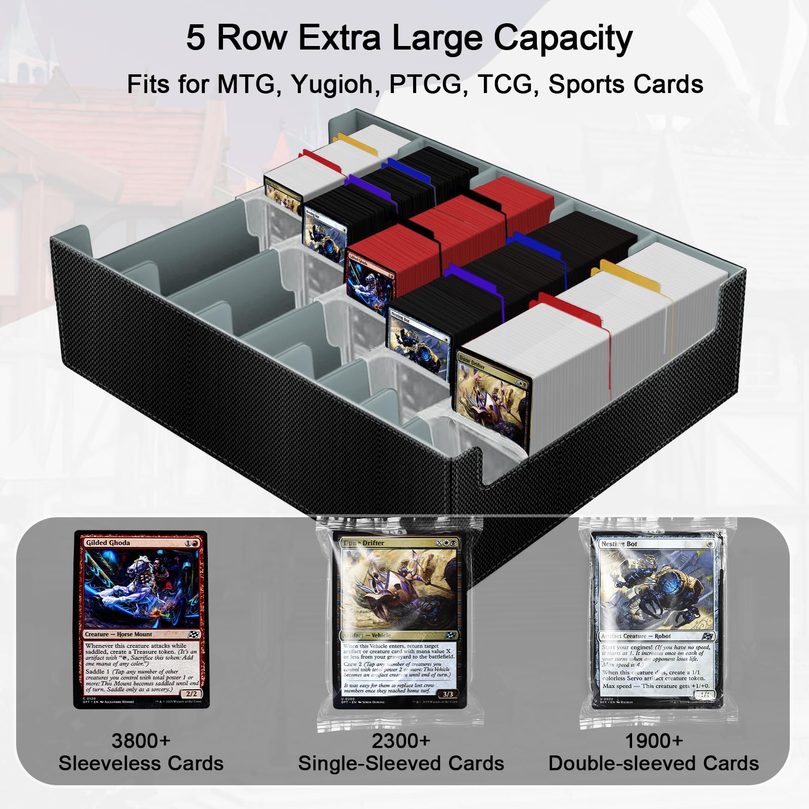 5 Row Trading Card Storage Box, Large Deck Box Holds 3800+ Card for Yugioh/MTG(Magic the Gathering)/TCG Commander Cards - Image 2