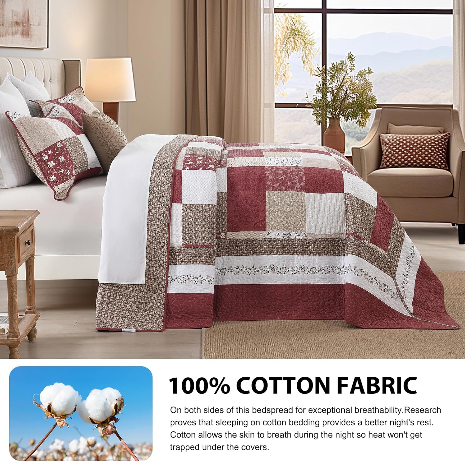 DDUOXIN Super Oversized King Bedspread - 128" W x120 L Extra Wide 100% Cotton Oversize Quilt, Floral Plaid Lightweight Bedspreads Bedding, California Quilts with 2 Pillow Shams, Burgundy/Cream