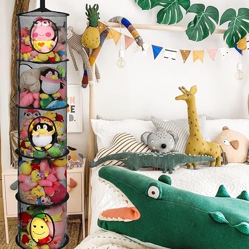 Miniatura 6 de Organizador plegable de malla para guardar espacio, almacenamiento plegable de animales de peluche, 4 compartimentos, organizador de almacenamiento