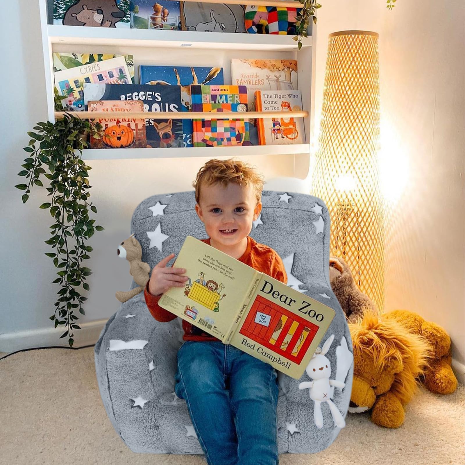 MeMoreCool Kids Couch Toddler Sofa Chair, Glow Toddler Couch, Comfy Kids Sofa Bean Bag Chair for Kids Bedroom Furniture Playroom, Soft Plush Toddler Chair Small Baby Couch Grey