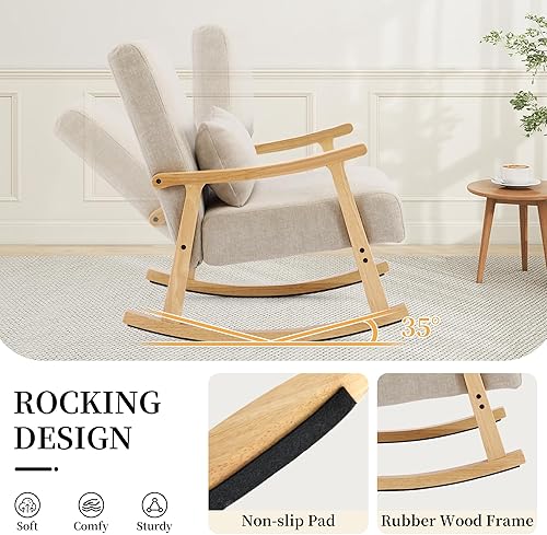 Miniatura 6 de Mecedora moderna de mediados de siglo con almohada lumbar, silla mecedora tapizada para cuarto de bebé, silla de enfermería con marco de madera