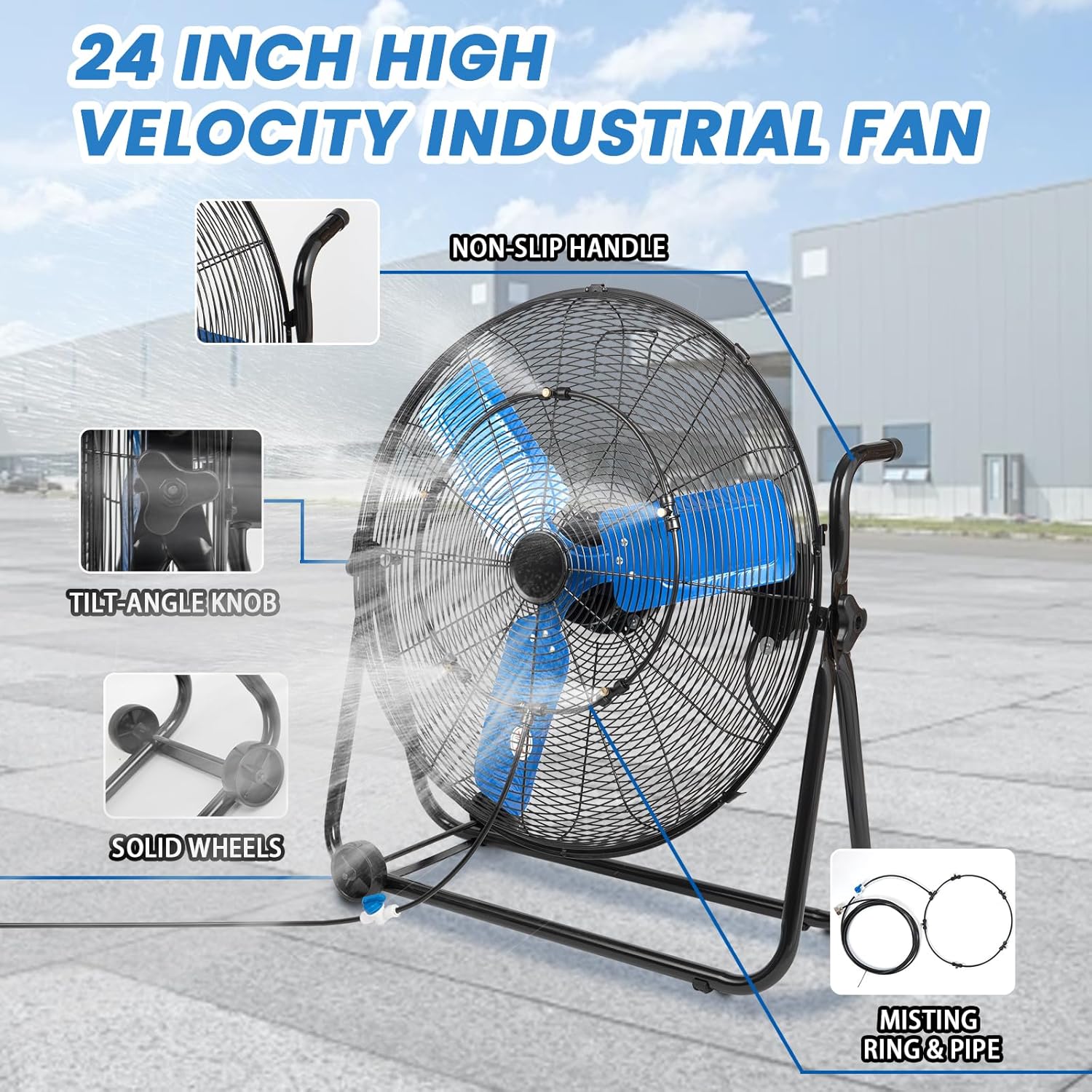 24 Inch Industrial Floor Fan High Velocity 8500 CFM Heavy Duty Outdoor Misting Fan with Aluminum Blades, 360  Adjustable Tilt Metal Fans for Workshop Patio Warehouse Factory Garage - UL Listed