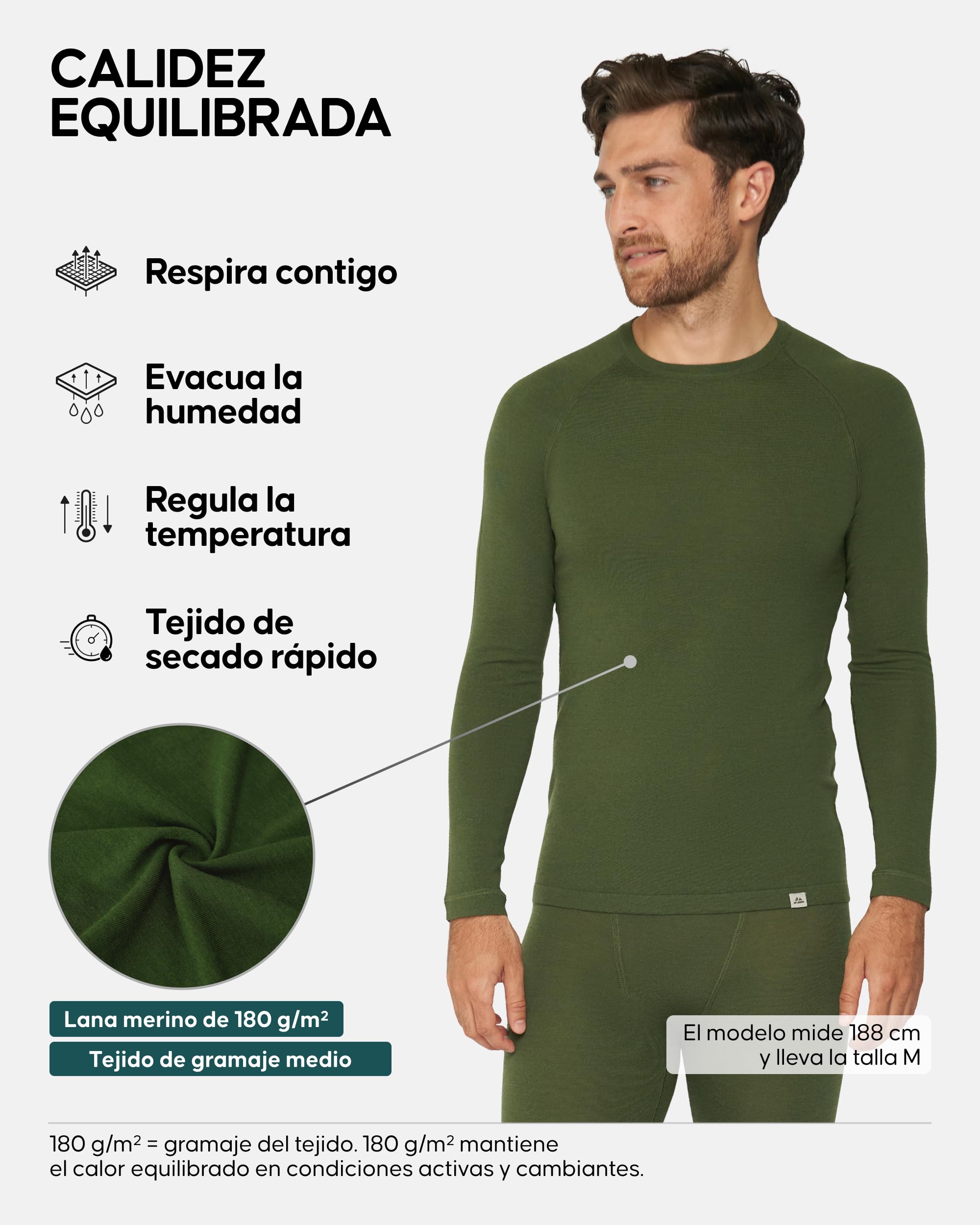 DANISH ENDURANCE Camiseta Térmica Lana Merino Hombre Verde 2XL | Camiseta Térmica de Lana Merino 180g/m², Cálida y Transpirable con Ajuste Ergonómico, para Senderismo, Esquí y Uso en Casa