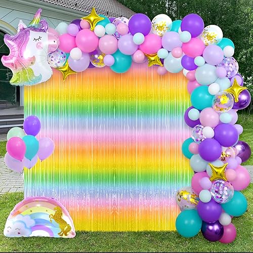Miniatura 6 de 129Pcs Unicorn Theme Birthday Party Decorations Supplies For Girls,Rainbow Unicorn Balloon Garland Arch Kit With Unicorn Backdrop Tablecloth,Fringe