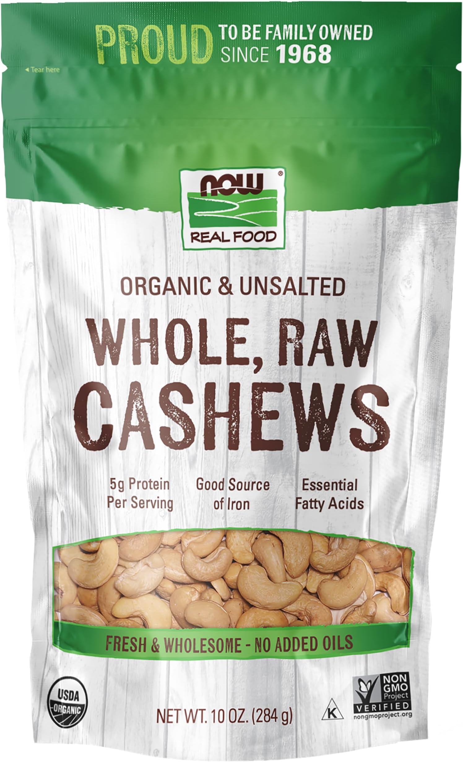 NOW Foods Whole Raw Certified Organic Cashews, 10oz