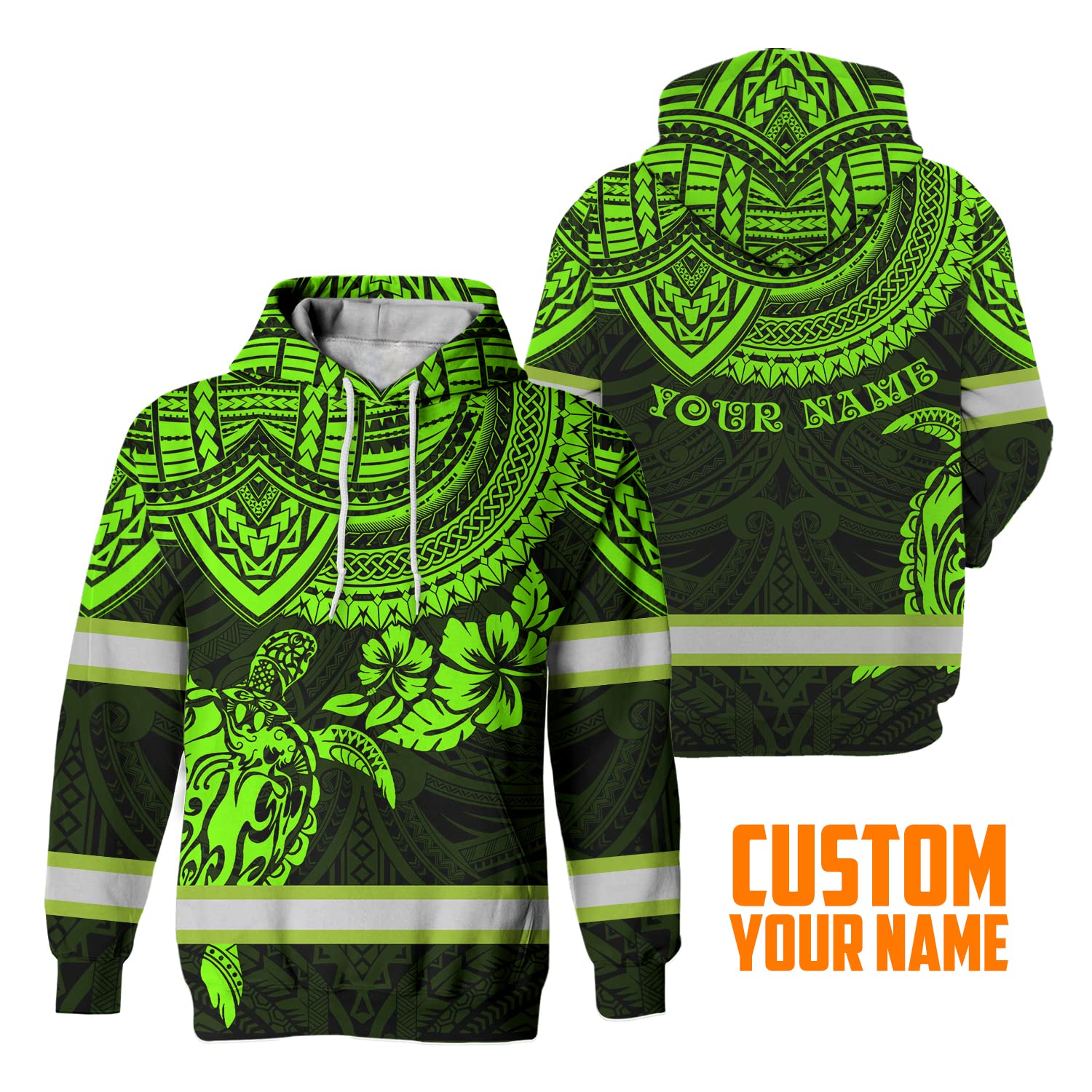 Matedecor Safety Hoodie Green Turtle Flower Hawaiian Customize Name High Visibility Hoodie for Men Reflective Hoodie Hi Vis Hoodie Workwear for Runners, Walkers, Trucker, Operator, Patriotic-L