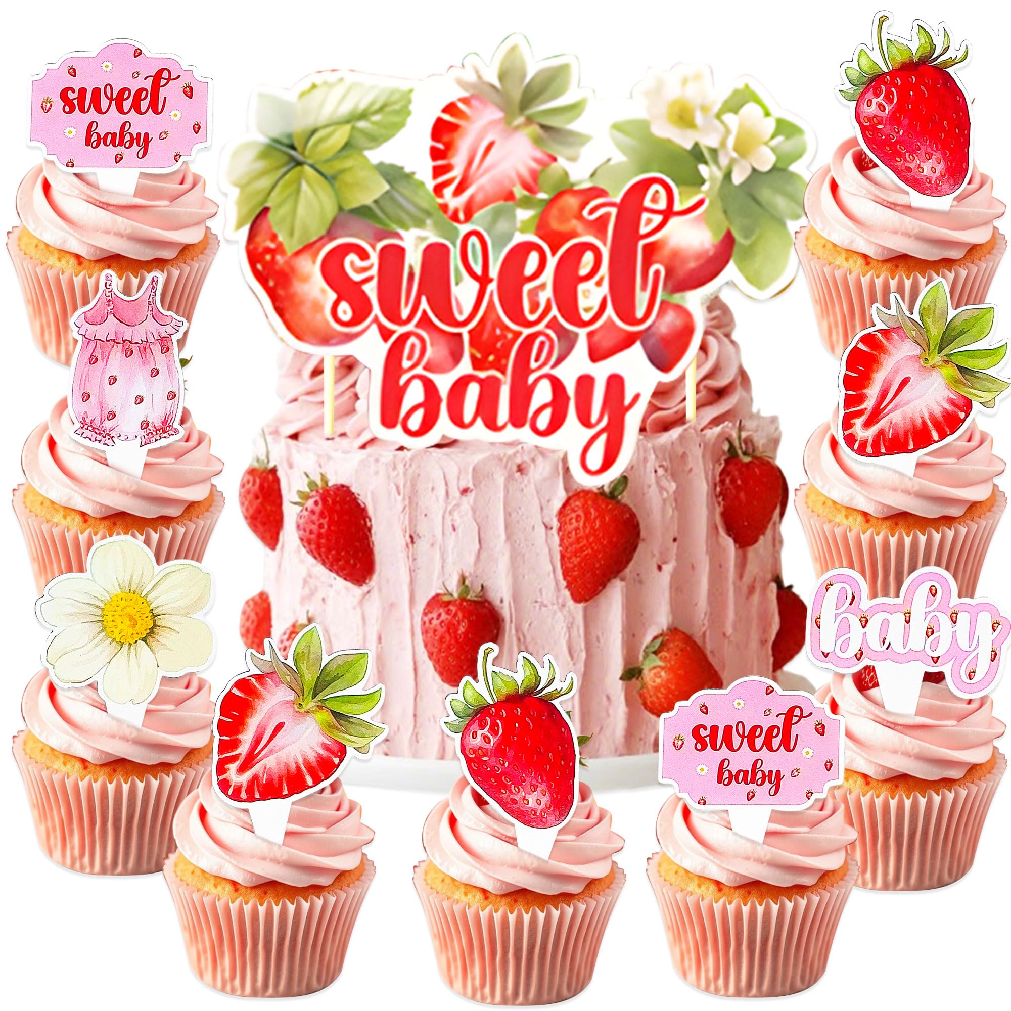 25PCS Strawberry Baby Shower Cupcake Toppers Cake Decorations A Berry Sweet Baby Is On The Way Decoration for Baby Girl Gender Reveal Decor