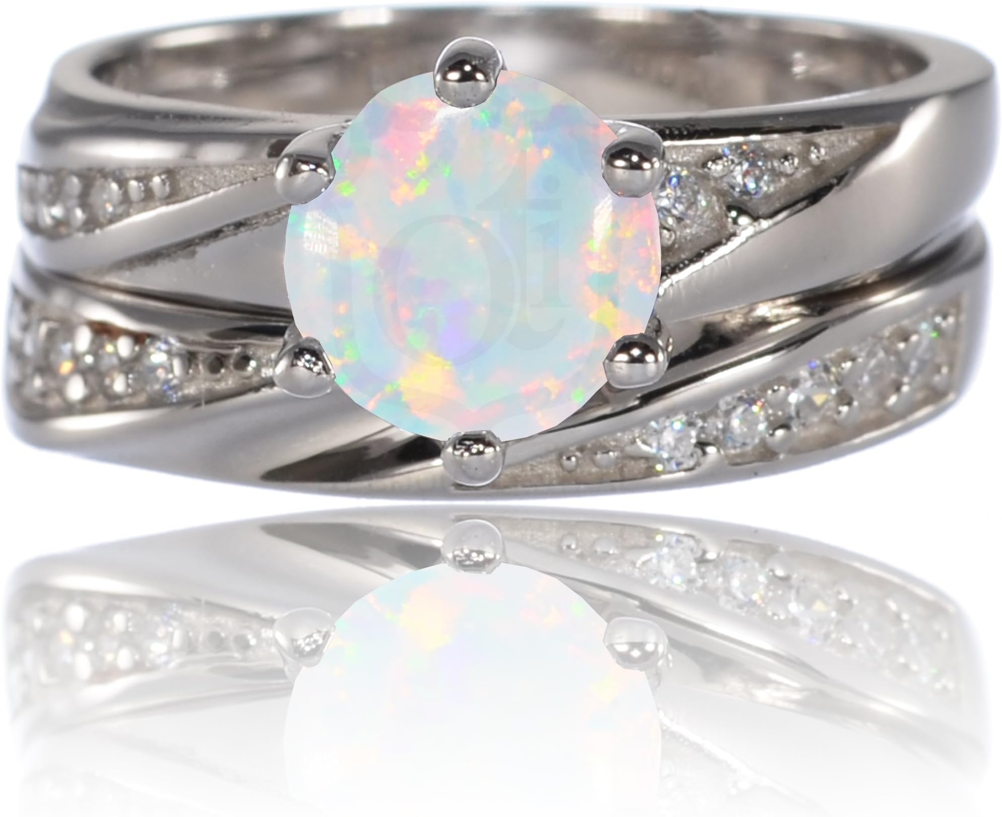 Infinity Simulated White Fire Opal with CZ Round Engagement Ring Set Sterling Silver