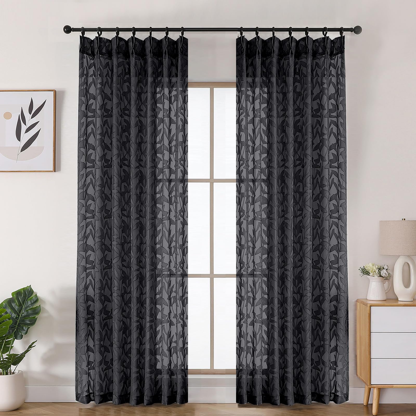 Lecloud Black Pinch Pleated Sheer Curtains 84 Inches Long 2 Panels, Airy Voile Semi Sheer Window Curtains for Dining Room, Modern Jacquard Textured