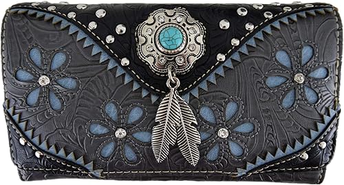Western Feather Tooled Leather Floral Laser Cut Flower Purse Studs Single Shoulder Bag Clutch Mujer Trifold Wristlets Wallet (negro)